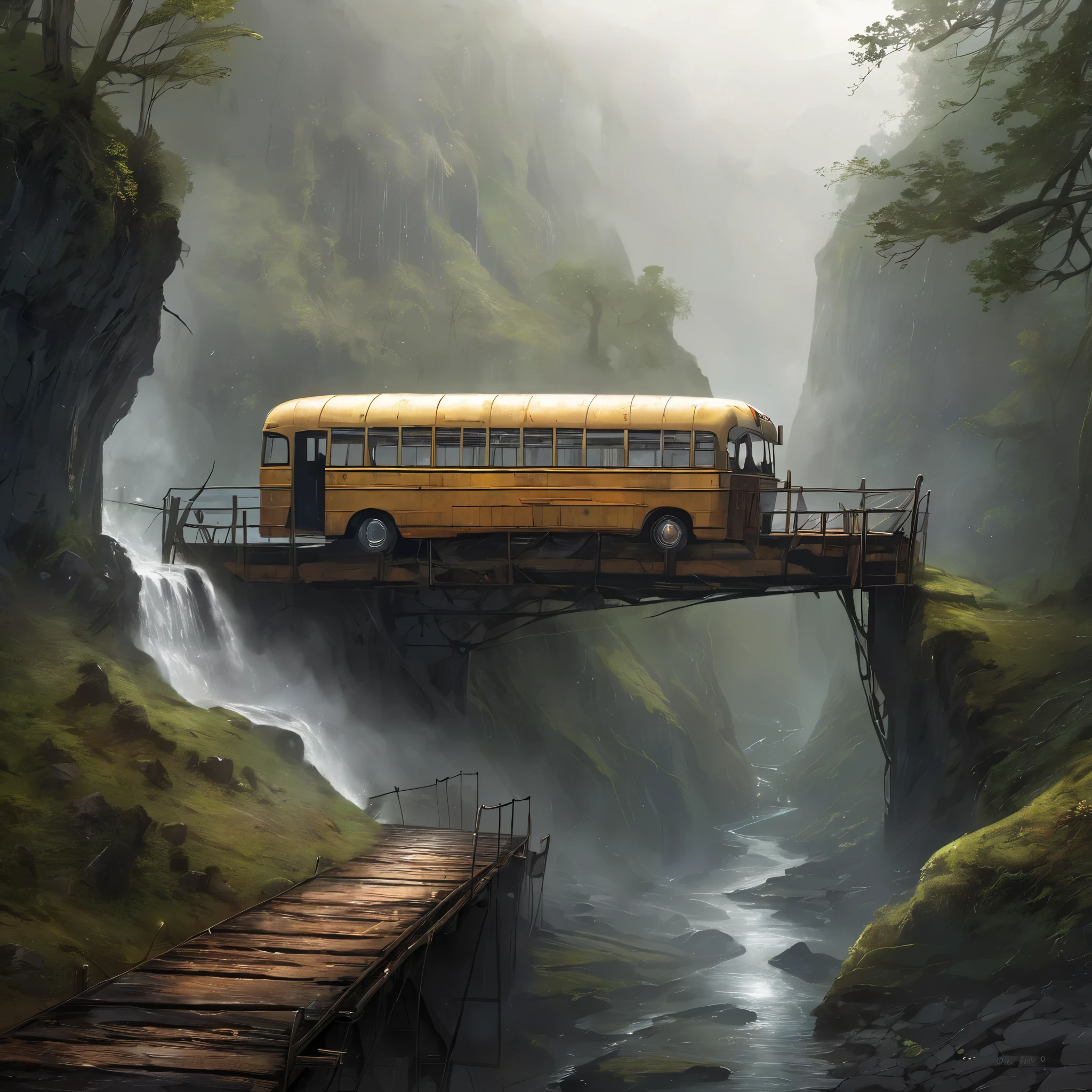 A REALISTIC PHOTOGRAPH OF AN OLD BUS USED AS A BRIDGE IN A GORGE, RAINY AND LOTS OF FOG WEATHER, magnificent, celestial, ethereal, painterly, epic, majestic, magical, fantasy art, cover art, dreamy