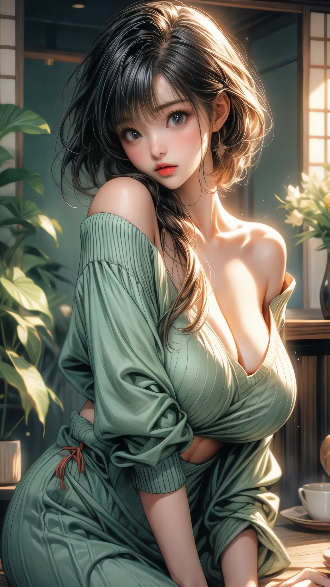 japanese girl,  off_shoulder sweater, suggestive,(medium hair:1), huge heavy breasts, Huge saggy breasts