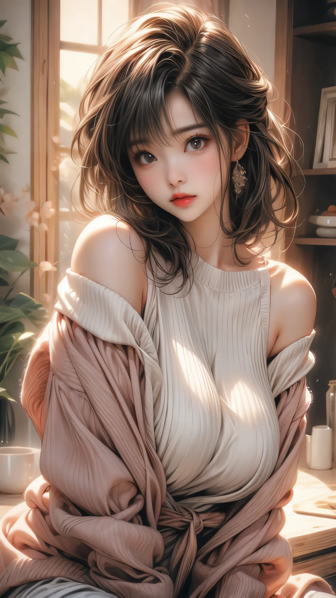 japanese girl, off_shoulder sweater, suggestive,(medium hair:1), huge heavy breasts, Huge saggy breasts