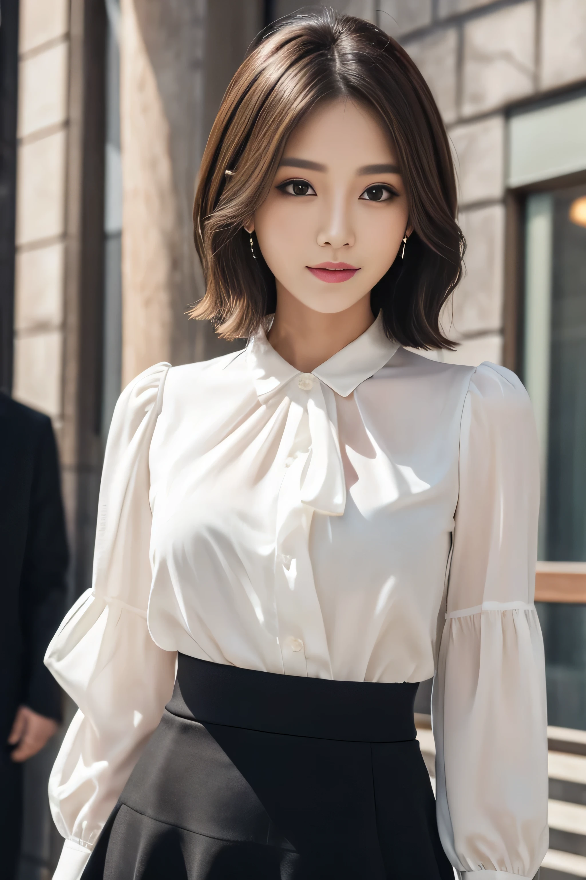 (RAW photo), (Photoreal), (masterpiece), (highest quality), High resolution, 8K resolution, (intricate details), (light with volume), Portrait, woman, 40 years, short hair, straight hair, layered hair, brown haired, highly detailed eyes, ordering sauce, highly detailed eyebrows, highly detailed skin, highly detailed mouth, highly detailed nose, cute like an idol, Smile, ((thick lips)), ((look at the audience)), (classy blouse),transparent elegant blouse with puffy sleeves,white transparent hyper short mini skirt,
