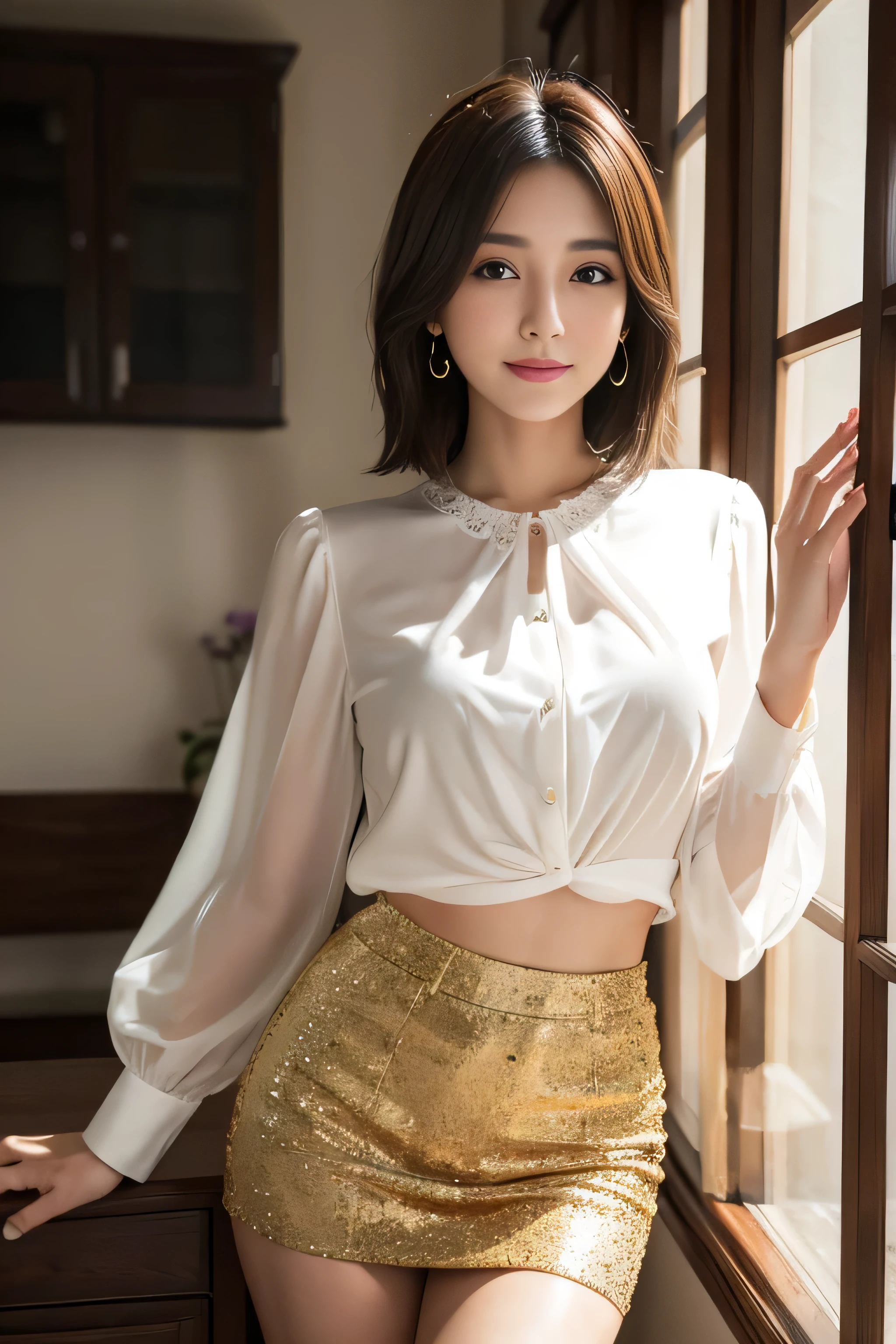 table top, highest quality, realistic, Super detailed, finely, High resolution, 8k wallpaper, 1 beautiful woman,, sharp focus, perfect dynamic composition, beautiful and detailed eyes, thin hair, Detailed realistic skin texture, smile, close-up portrait, model body shape、president&#39;secretary、mini skirt、high heels、whole body、suit,((brown semi-long hair:1.2))((A wave that curves gently inwards:1.2)),((gold necklace＿big earrings:1.2)),((shy smile:1.3)),((Blouse and skirt, Wearing a white silk blouse,Please wear a white shirt and a dark purple skirt.:1.3)), 、whole bodyショット、((Standing whole body figure supermodel, whole bodyがフレーム内に収まる))、in a luxurious room、