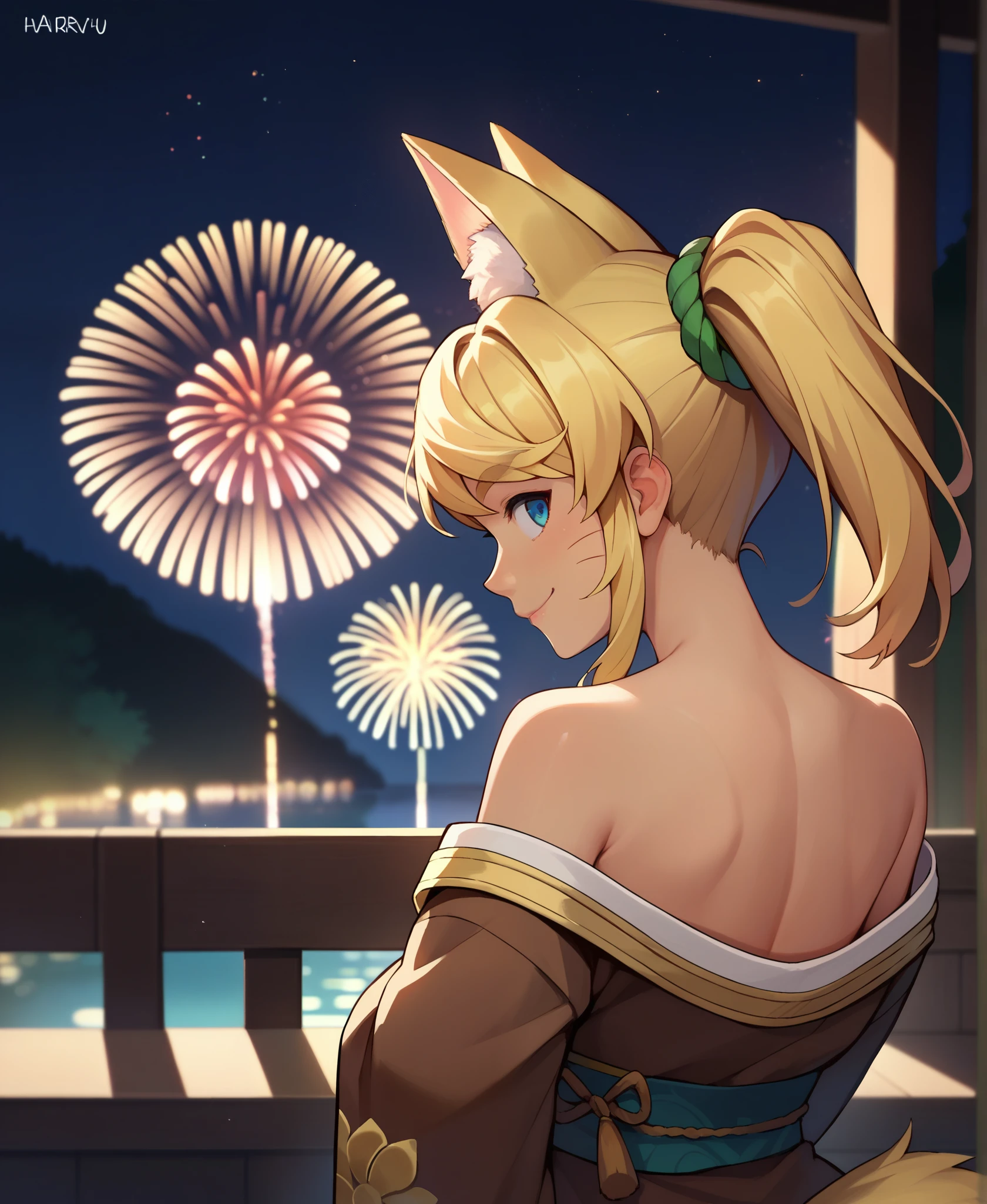 score_9, score_8_up, score_7_up, source_anime, from behind, solo, 1girl, pokanliru, dark skin, whisker markings, smile, looking back, ponytail, wolf ears, brown kimono, off shoulder, wolf tail, bare shoulders, fireworks 