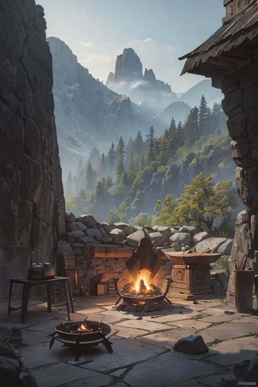 inside of a slavic smithy up on the mountain, thatched roof, smithy on a rocky cliff, blacksmithing equipment, ((big anvil)), (blacksmithing hammers), (tongs on the wall), smoldering coals in the forge