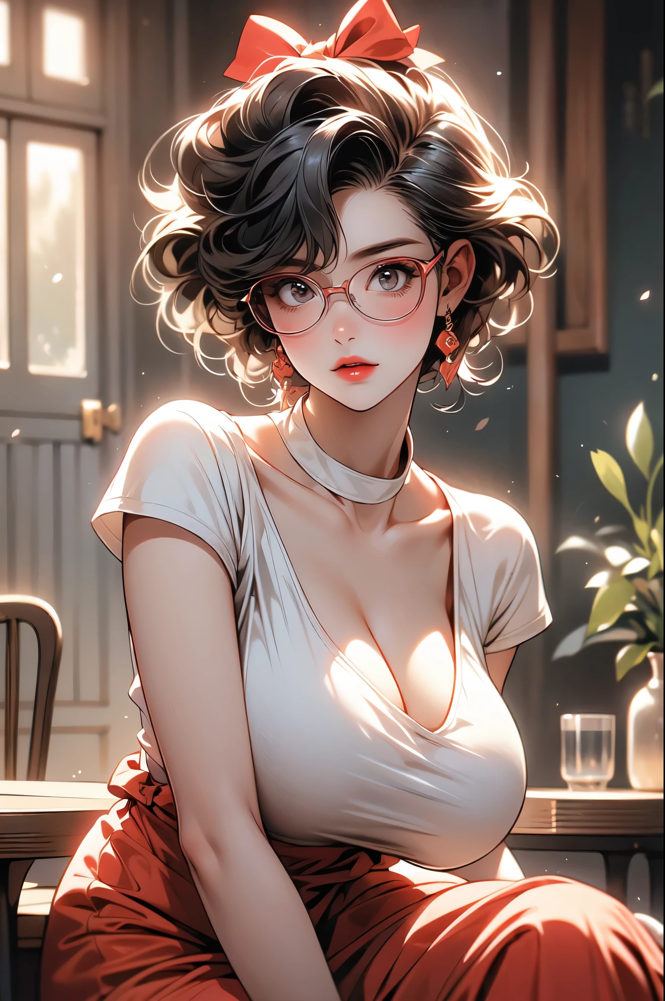 A photo of a young, nerdy woman sitting in a caf, wearing a white shirt and a bow, surrounded by a cozy atmosphere, looking at the viewer.
short hair, slender, red lips, transparent fabric, flirting with the camera, Huge breasts, CLeavage, massive saggy breasts, no bra
