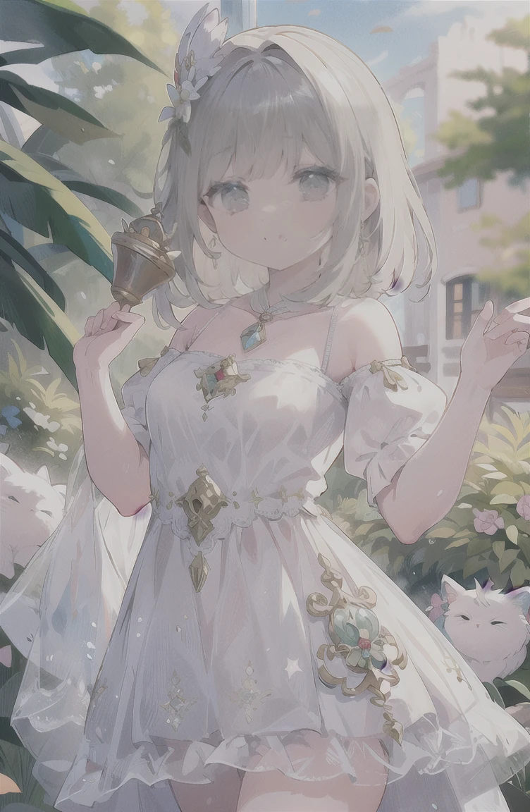 1 garota, elegant floral dress, (orelhas de gato fofas), cabelo branco curto, cativante e gracioso, (olhos detalhados realistas, textura natural da pele, Sorriso gentil), lush garden scenery, Flores desabrochando, banco de ferro ornamentado, detalhes intrincados, soft, dreamy lighting, paleta de cores pastel, profundidade superficial de campo, bokeh da luz do sol salpicado pela folhagem, altamente detalhado, hiper-realista, medium format film camera, fundo naturalmente desfocado,