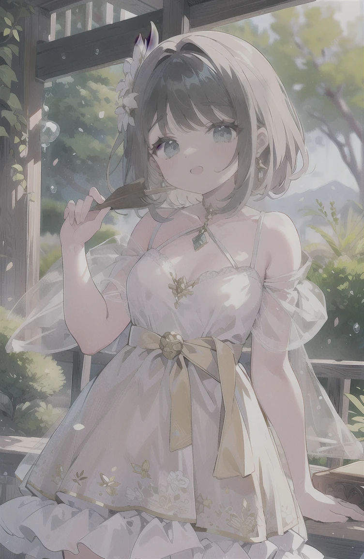 1 garota, elegant floral dress, (orelhas de gato fofas), cabelo branco curto, cativante e gracioso, (olhos detalhados realistas, textura natural da pele, Sorriso gentil), lush garden scenery, Flores desabrochando, banco de ferro ornamentado, detalhes intrincados, soft, dreamy lighting, paleta de cores pastel, profundidade superficial de campo, bokeh da luz do sol salpicado pela folhagem, altamente detalhado, hiper-realista, medium format film camera, fundo naturalmente desfocado,