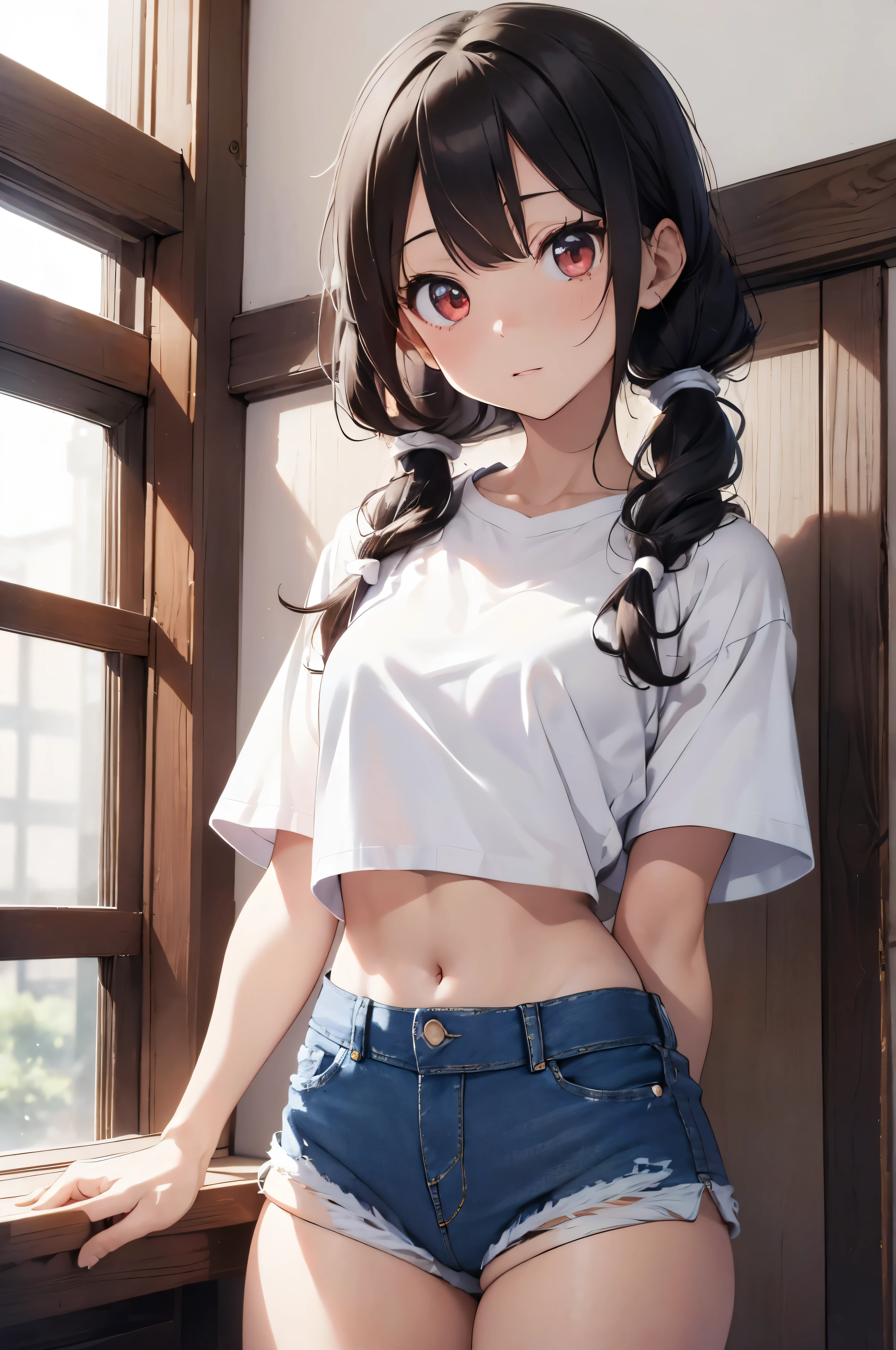 (masterpiece Best Quality, absurderes, Perfect Anatomy, Unity 8k Wallpapers,best anime), Detailed beautiful face and eyes,(1woman,solo),16 year old beautiful girl、Japanese、black hair,low twintails,red eyes,((white cropped t-shirt:1.5、denim shorts:1.5))、((smaller head:1.3,skinny,slender body,medium breasts))、Bedroom、