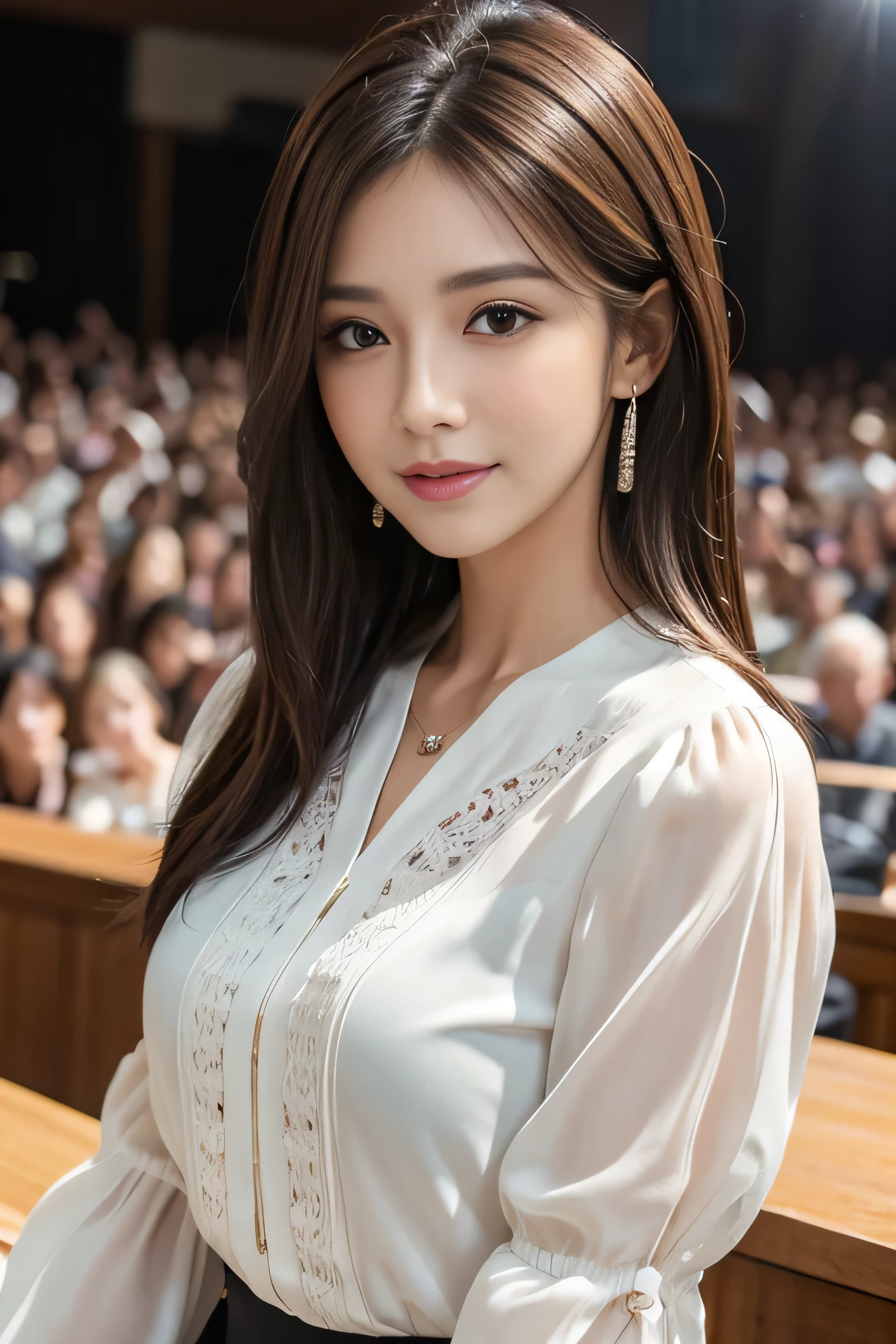 (RAW photo), (Photoreal), (masterpiece), (highest quality), High resolution, 8K resolution, (intricate details), (light with volume), Portrait, woman, 40 years, short hair, straight hair, layered hair, brown haired, highly detailed eyes, ordering sauce, highly detailed eyebrows, highly detailed skin, highly detailed mouth, highly detailed nose, cute like an idol, Smile, ((thick lips)), ((look at the audience)), (classy blouse),transparent elegant blouse with puffy sleeves