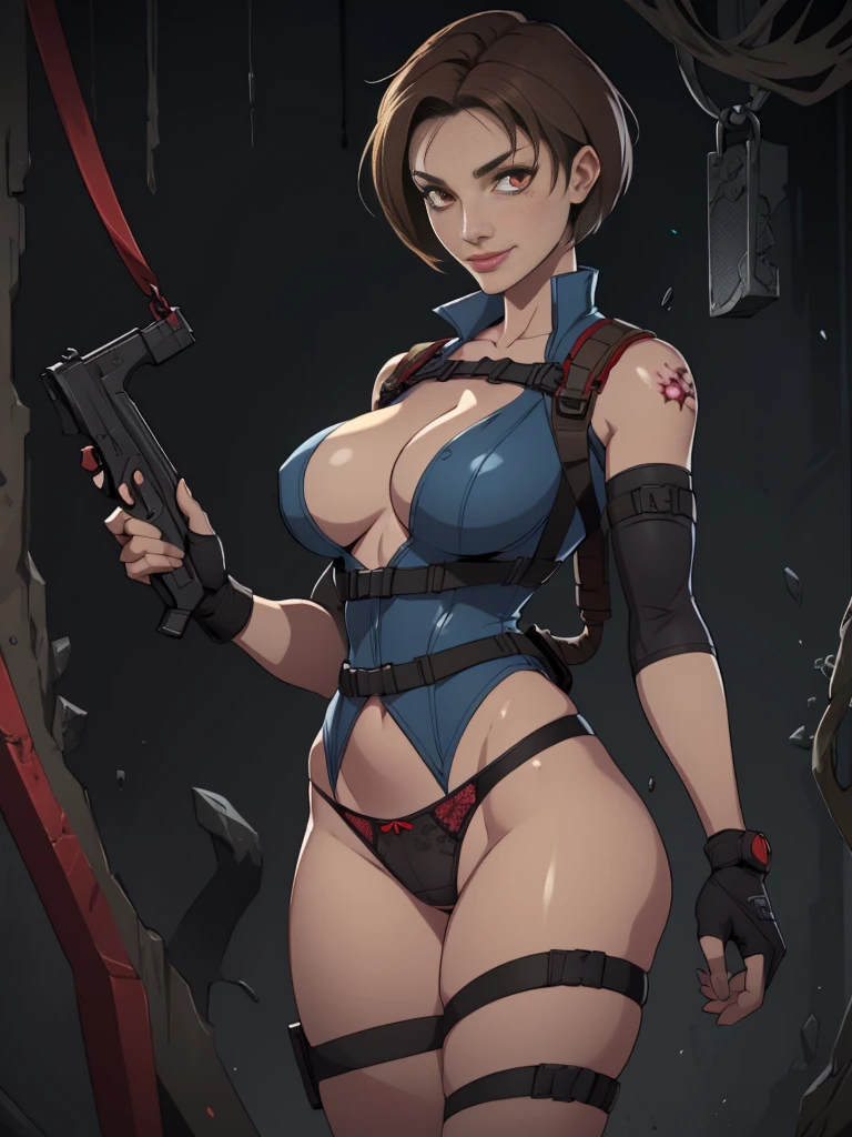 resident evil, jill valentine, monster girl, infected, infected body, infected veins, infection, fusion, zombie girl, nemesis (resident evil),fusion of jill valentine and nemesis (resident evil), nightmare waifu, G virus, virus, infection, symbiote, assimilation, monster girl, alternate form, corrupted, corruption, evil, dark_persona, parasite, parasite on body, parasitic tentacle, tentacle, tentacles, body invasion, veiny breasts, possession, evil grin, evil smile, red eyes, mature_female, hourglass figure 1girls, brown hair, dual wielding, tactical_gear, bondage gear, bondage harness, corset, bondage outfit, fishnet legwear, fishnet pantyhose, fishnet stockings, fishnets, fit female, g-string, panties, tentacles body invasion, pistol, short hair, thick thighs, thighhighs, thong, thong panties, thong underwear, underwear, older_female, garter belt, full body, harness, holster, holding gun, looking at viewer Full HD, 4K.