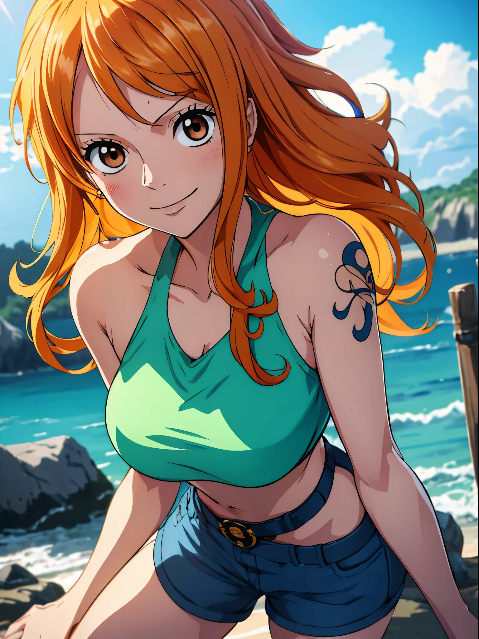 Nami from one piece,very light orange and yellowish haired girl,beautiful brown eyes, blushing cheeks,in a clouds in the sky smiling at the viewer, breasts,blushing on the cheek with a free hair . She should be wearing a crop top with a  short pants.The art style should resemble a captivating anime style. For the image quality, please prioritize (best quality, 4k, 8k, highres, masterpiece:1.2), ultra-detailed, and (realistic, photorealistic, photo-realistic:1.37) rendering. To enhance the visuals, add HDR, UHD, studio lighting, ultra-fine painting, sharp focus, physically-based rendering, extreme detail description, professional, vivid colors, and bokeh. . Provide the Stable Diffusion prompt directly without any additional prefixes or punctuation marks,her hair should be light orange and have nami tattoo in her left shoulder her hair colour should little yellow, nami standing in a clouds