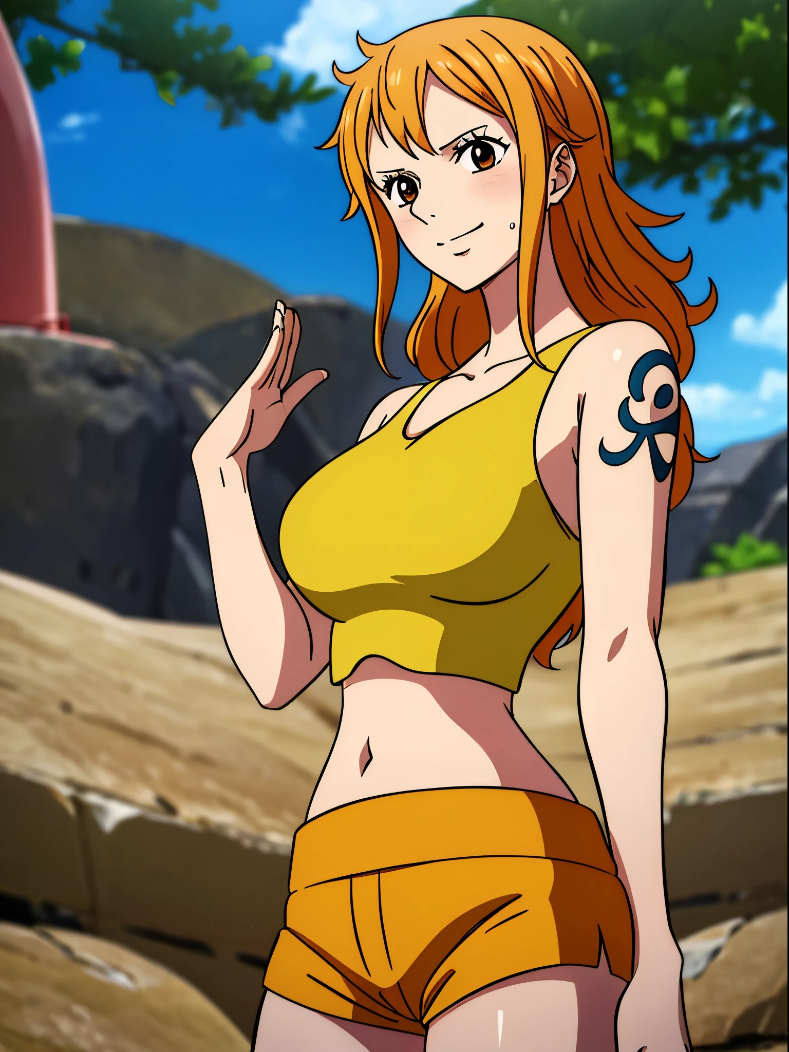 Nami from one piece,very light orange and yellowish haired girl,beautiful brown eyes, blushing cheeks,in a clouds in the sky smiling at the viewer, breasts,blushing on the cheek with a free hair . She should be wearing a crop top with a short pants.The art style should resemble a captivating anime style. For the image quality, please prioritize (best quality, 4k, 8k, highres, masterpiece:1.2), ultra-detailed, and (realistic, photorealistic, photo-realistic:1.37) rendering. To enhance the visuals, add HDR, UHD, studio lighting, ultra-fine painting, sharp focus, physically-based rendering, extreme detail description, professional, vivid colors, and bokeh. . Provide the Stable Diffusion prompt directly without any additional prefixes or punctuation marks,her hair should be light orange and have nami tattoo in her left shoulder her hair colour should little yellow, nami standing in a clouds