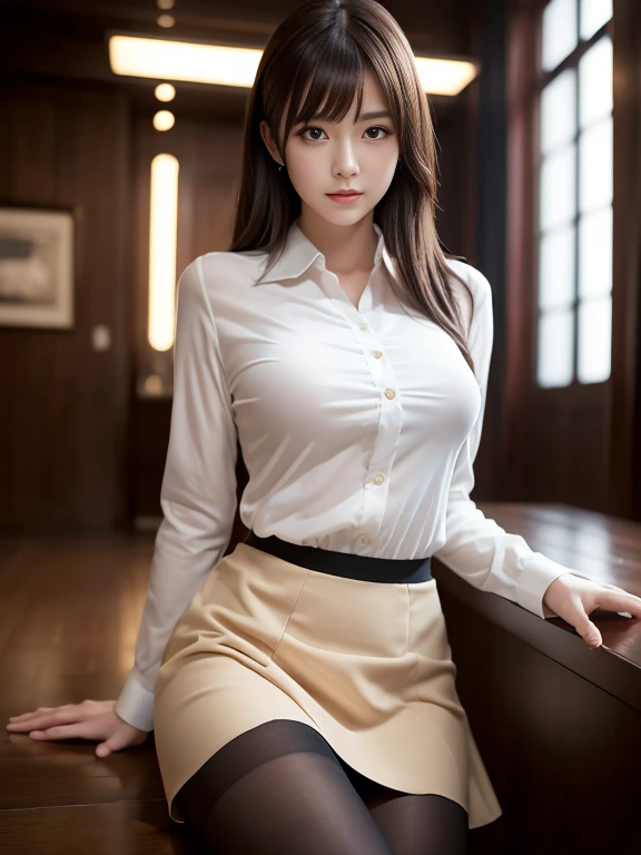 Ultra realistic 8k CG, picture-perfectionな顔, perfection, clean, masterpiece, professional artwork, famous works of art, perfectionな顔, beautiful face, beautiful eyes, ((perfectionな女性の身体)), alone,(looking at the viewer), japanese girl, 19 years old, 
fascinating look,beautiful and fine eyes,thick thighs,
(cinematic lighting:1.2),(cinematic composition:1.2),(blurred background),(HDR),accent lighting, tight waist,long shot, bangs,long shirt,T-back, skirt, sitting,
1 girl, from below, pantyhose, 