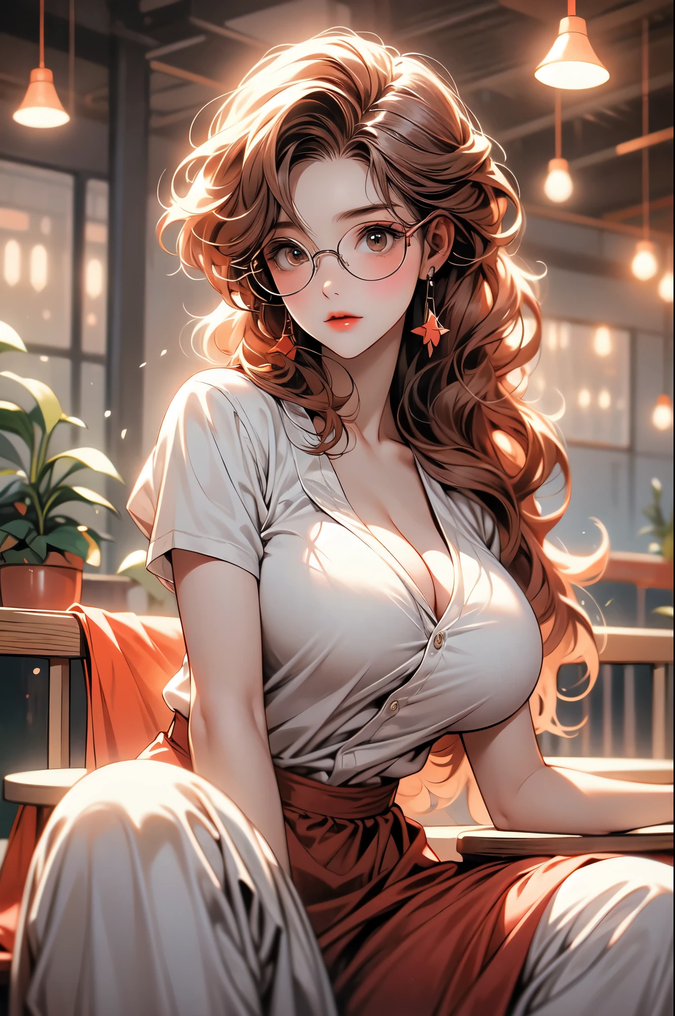 A photo of a young, nerdy woman sitting in a caf, wearing a white shirt and a bow, surrounded by a cozy atmosphere, looking at the viewer.
short red hair, slender, red lips, transparent fabric, flirting with the camera, Huge breasts, CLeavage, massive saggy breasts, no bra