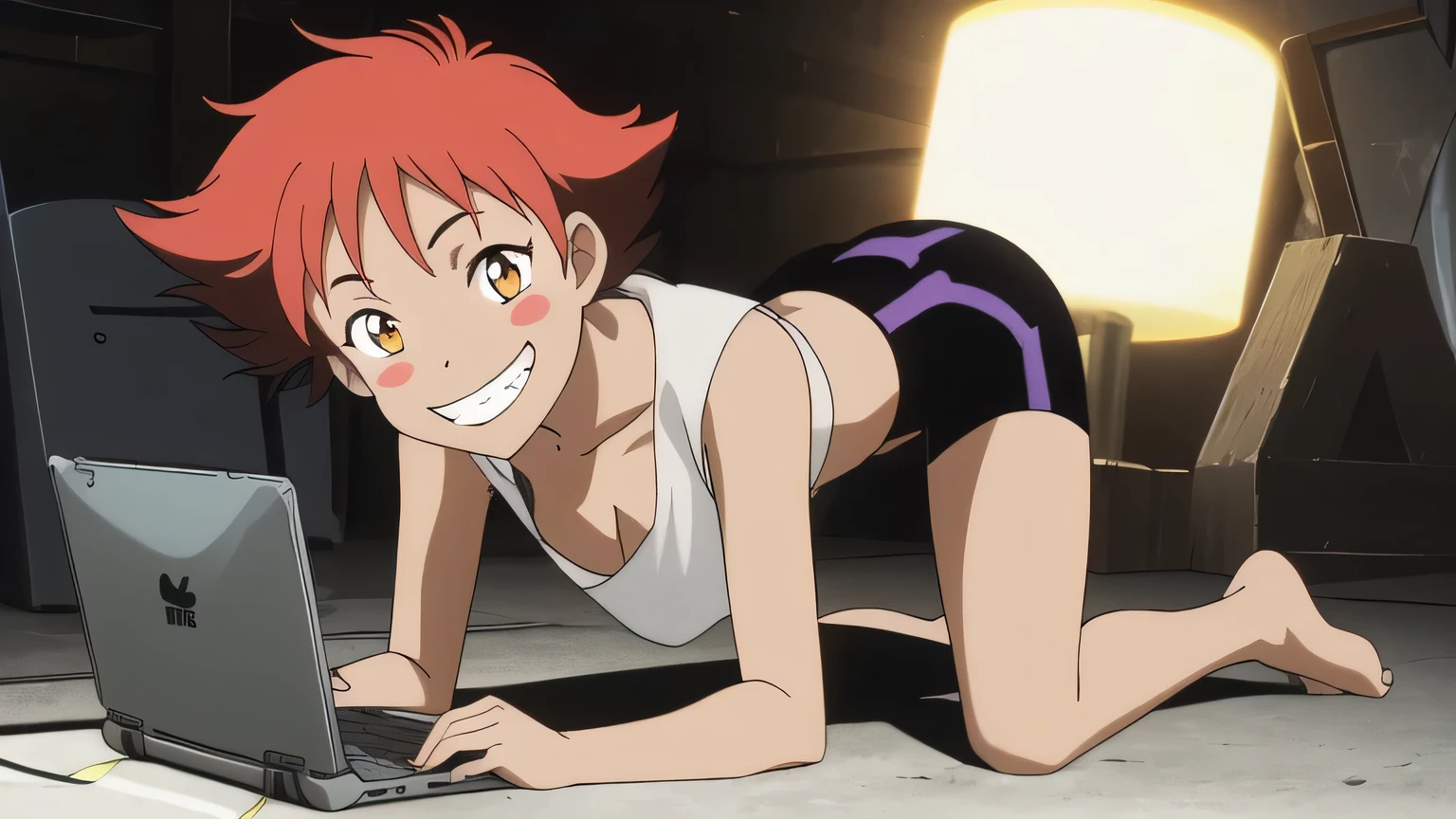 Edward, 1girl, solo, looking at viewer, blush stickers, small breasts, cleavage, 21 year old body, 21 year old face, tank top, goggles on forehead, stomach, black bike shorts, big grin smile, legs folded, typing, computer, on floor, glowing light, perfect quality, good quality, masterpiece, HDR, UHD 