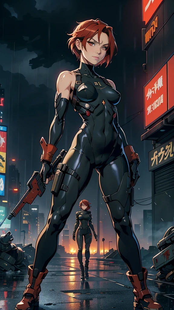 (masterpiece), best quality, expressive eymasterpiece, high-detail, sketch, dino crisis, [solo female], (aim pose, fight with raptor, holding mp5, holding weapons), black bodysuit, gray fabric layer under bodysuit, 30 year, bare shoulders, tactical fingerless glove, best quality, masterpiece, best quality, finely detail, beautiful detailed eyes, ultra detailed, extremely beautiful CG, super detailed skin, best quality, intricate, {{high quality}}, extra colors, 2D, megapixel, perfectionism, accent lighting, full HD, 4K, sukeban, sukeban deka, delinquent,) (1girl, full body, 1girl, solo female, mature female, full body, contrapposto, big boss metal gear, the boss metal gear, Escape from New York, akira, blade runner, die hard, metal gear solid v, snake plissken, rex power colt, Far Cry 3 Blood Dragon,) ( collarbone, red hair, red eyes, short hair, weird red hair, short red hair, evil smile, small_breasts, best quality, beautifully detailed face, ray tracing, DOF,HDR, smoking) (fingerless_gloves,  fully clothed, gloves, cigarette, jacket, eyepatch on one eyes, eyepatch on the left eyes, tactical gear, tactical uniform, camouflage bodysuit, sneaking_suit) gainax anime style, studio gainax art, studio gainax illustration,inspired by Masamune Shirow, studio gainax, by Masamune Shirow, beautiful charcter from evangelion (outdoors, (night:1.1), military base background, radio tower background, science fiction background, futuristque background , outdoor, akira city sky line background, official art, raining, rain, storm, science fiction military base background), perfect face, 