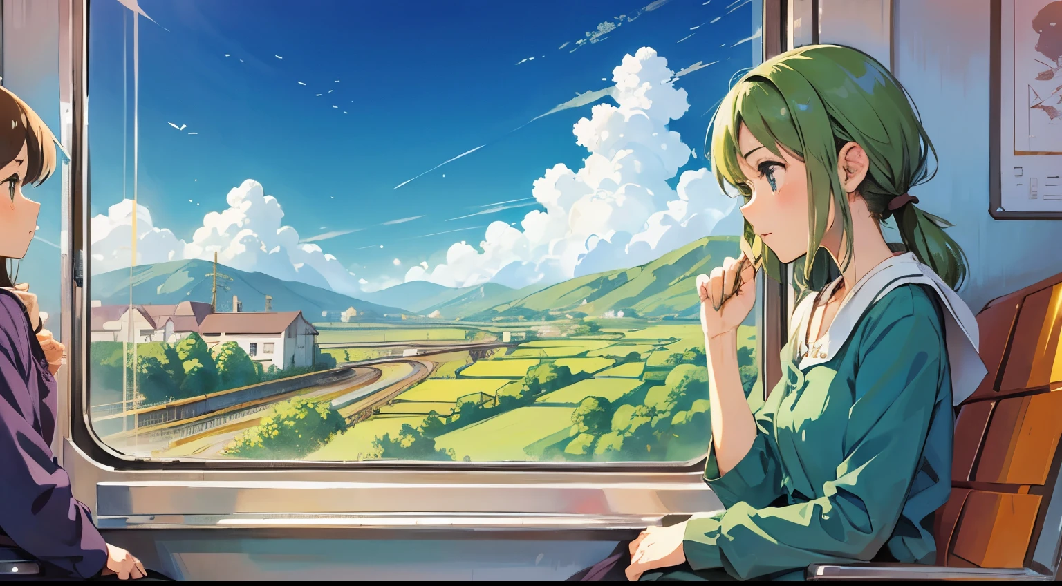 beautiful girl　cute　１Generation 0　I am on a train　looking out the window　Ghibli-like illustrations