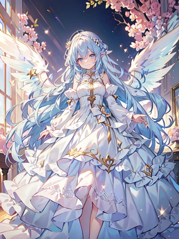 highest quality, very detailed, beautiful, exquisite, 16k, Full HD, confused,soft expression,((light smile,Happy:1.5))((Sparkling fluffy layered ball gown)),A large and beautiful dress inspired by rose flowers, lots of flowers、frills、Intricate billowing ball gown with rhinestones ( table top, art station, fantasy art:1.2), See here,standing with an elegant smile，pastel colour,((giant white fairy wings))、gradient hair, light blue hair, hair blowing in the wind, wavy hair,fluffy hair,tiara,lavender eyes, long eyelashes, beautiful eyes、pale pink cheeks,pointed ears, bright pupils, long and thin legs, golden hour, bright light, warm lighting,
