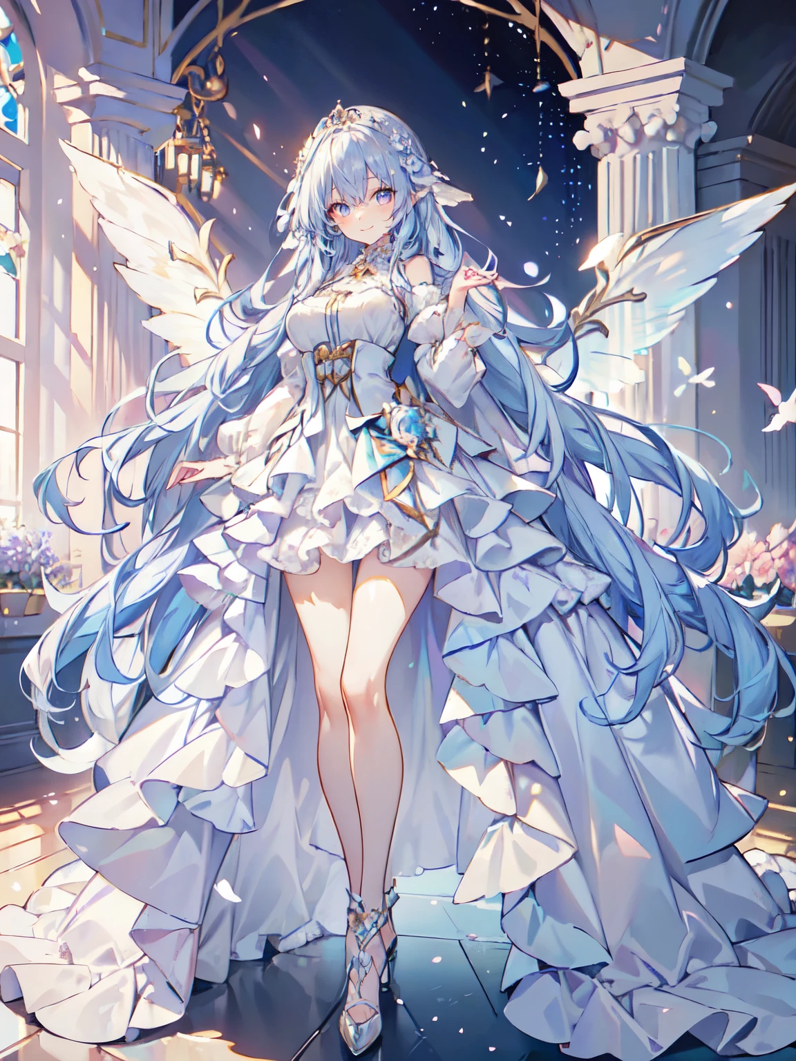 highest quality, very detailed, beautiful, exquisite, 16k, Full HD, confused,soft expression,((light smile,Happy:1.5))((Sparkling fluffy layered ball gown)),A large and beautiful dress inspired by rose flowers, lots of flowers、frills、Intricate billowing ball gown with rhinestones ( table top, art station, fantasy art:1.2), See here,standing with an elegant smile，pastel colour,((giant white fairy wings))、gradient hair, light blue hair, hair blowing in the wind, wavy hair,fluffy hair,tiara,lavender eyes, long eyelashes, beautiful eyes、pale pink cheeks,pointed ears, bright pupils, long and thin legs, golden hour, bright light, warm lighting,