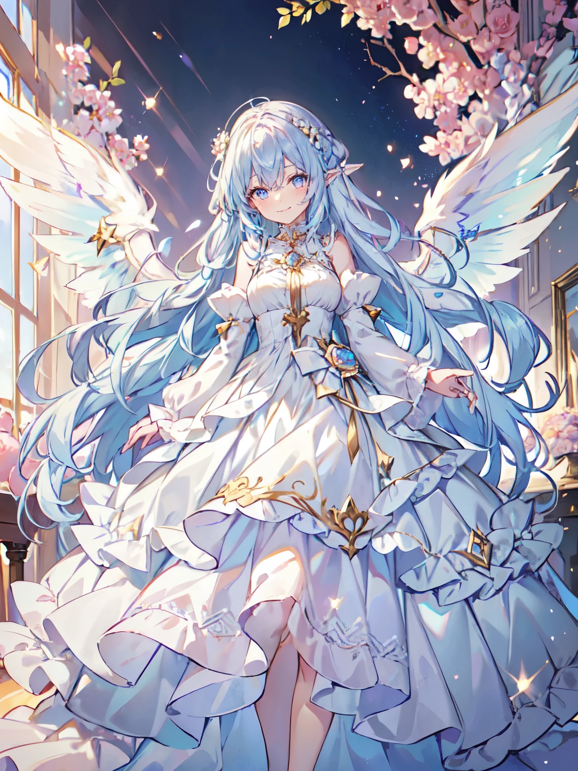 highest quality, very detailed, beautiful, exquisite, 16k, Full HD, confused,soft expression,((light smile,Happy:1.5))((Sparkling fluffy layered ball gown)),A large and beautiful dress inspired by rose flowers, lots of flowers、frills、Intricate billowing ball gown with rhinestones ( table top, art station, fantasy art:1.2), See here,standing with an elegant smile,pastel colour,((giant white fairy wings))、gradient hair, light blue hair, hair blowing in the wind, wavy hair,fluffy hair,tiara,lavender eyes, long eyelashes, beautiful eyes、pale pink cheeks,pointed ears, bright pupils, long and thin legs, golden hour, bright light, warm lighting,