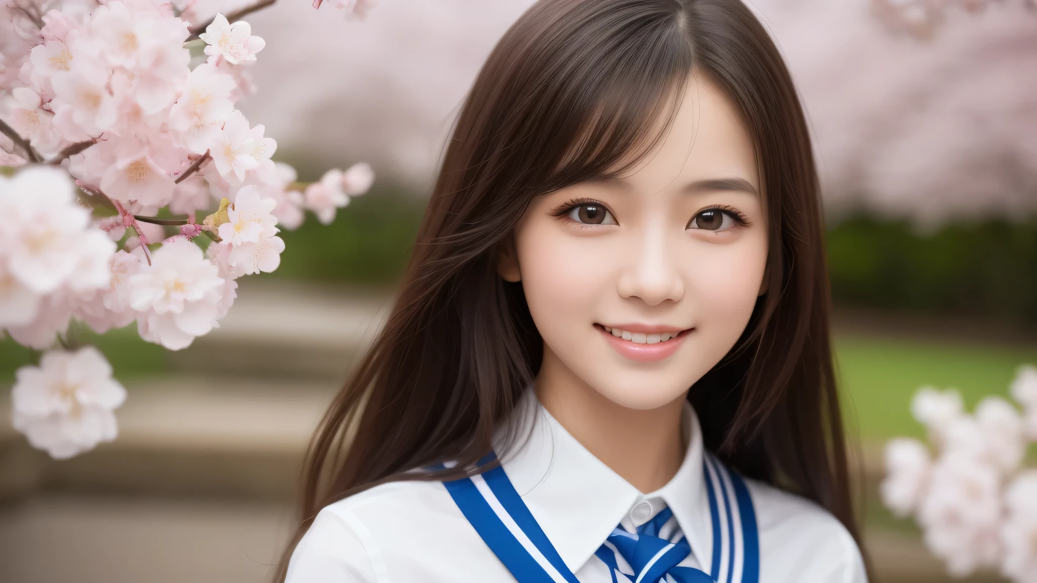 (1girl:1.5), enchanting smile, (highly detailed eyes, highly detailed face), Fresh, very clean appearance, (hyper-realistic, hight resolution), (best Quality:1.4), Professional Photography, (high school uniform:1.2), cherry blossoms, focus on the face, 