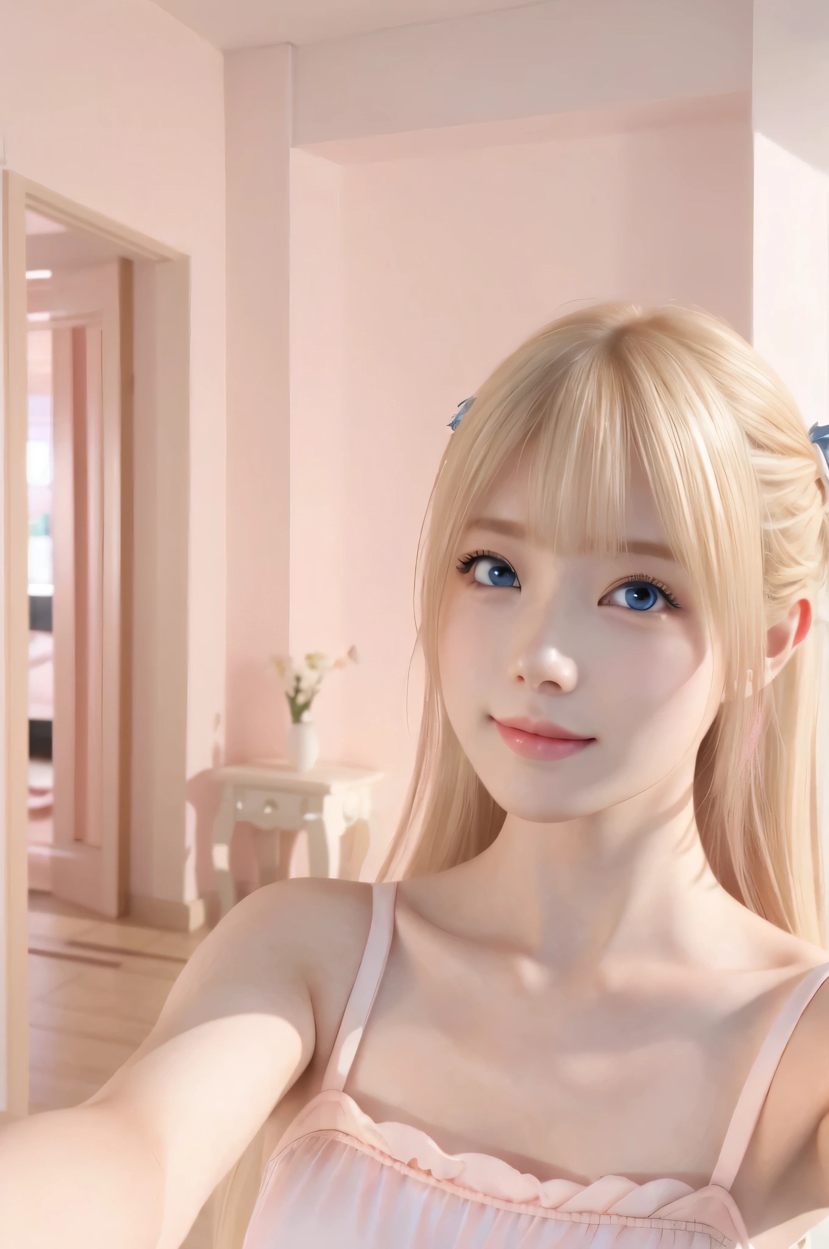 mary rose、blond、Half-length photo、((Cute pink dress))、Very beautiful Swedish  pretty girl、shiny skin、white skinned、a smile、beautiful bangs、long and straight，Silky beautiful platinum blond girl、shiny hair、Extra long straight hair、Eyeliner、a small face、big breasts、 crystal clear ocean blue eyes，Shining with beauty、beautiful and smart girl、Take a selfie in the room、Looking to the future、