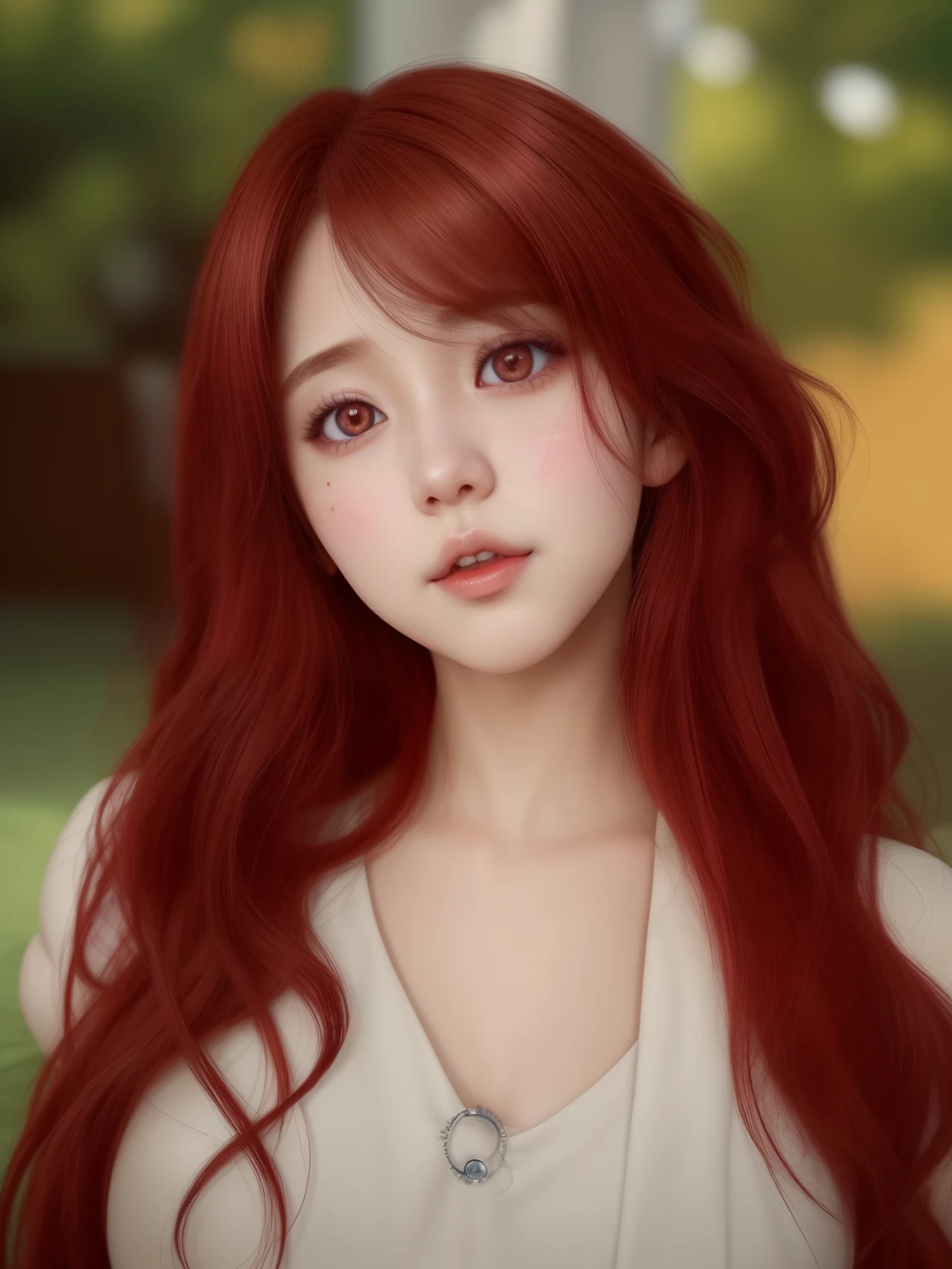 un primer plano de una mujer pelirroja que lleva una gargantilla, realistic anime art style, estilo de realismo anime, retrato de Chaeyoung de twice , estilo de arte anime realista, inspirado en Chaeyoung, obra de arte al estilo de guweiz, inspirado en Chaeyoung ,anime fotorrealista, estilo anime realista en pixiv, realistic art style