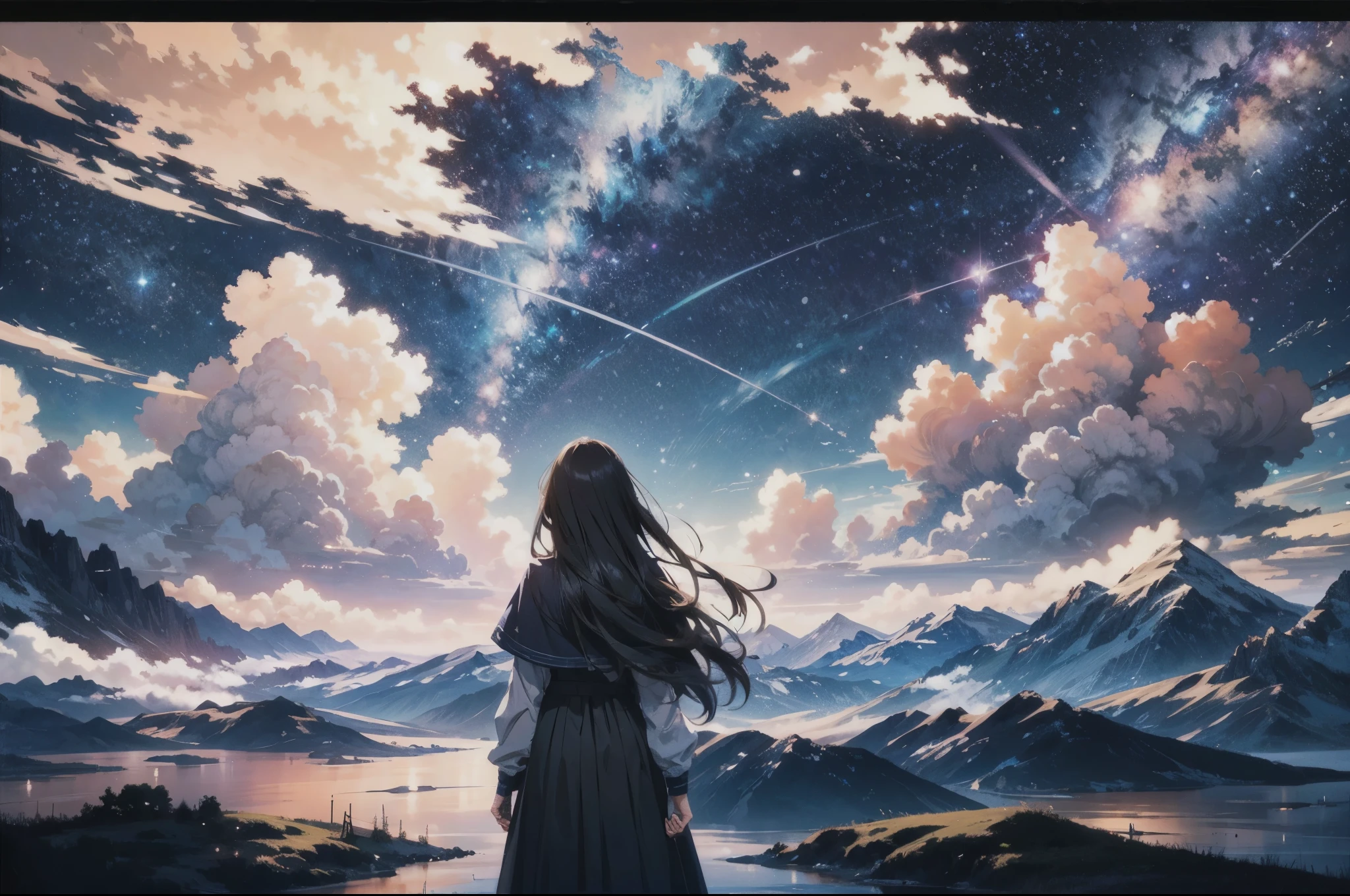 disorganized, High resolution, (official art, beautiful and aesthetic:1.2), Close a view,
1 girl, shining sky, vast world, stare, an awe-inspiring expression, distant horizon, cloud, high hill, beauty of nature, Inspiration, night sky, shining star,