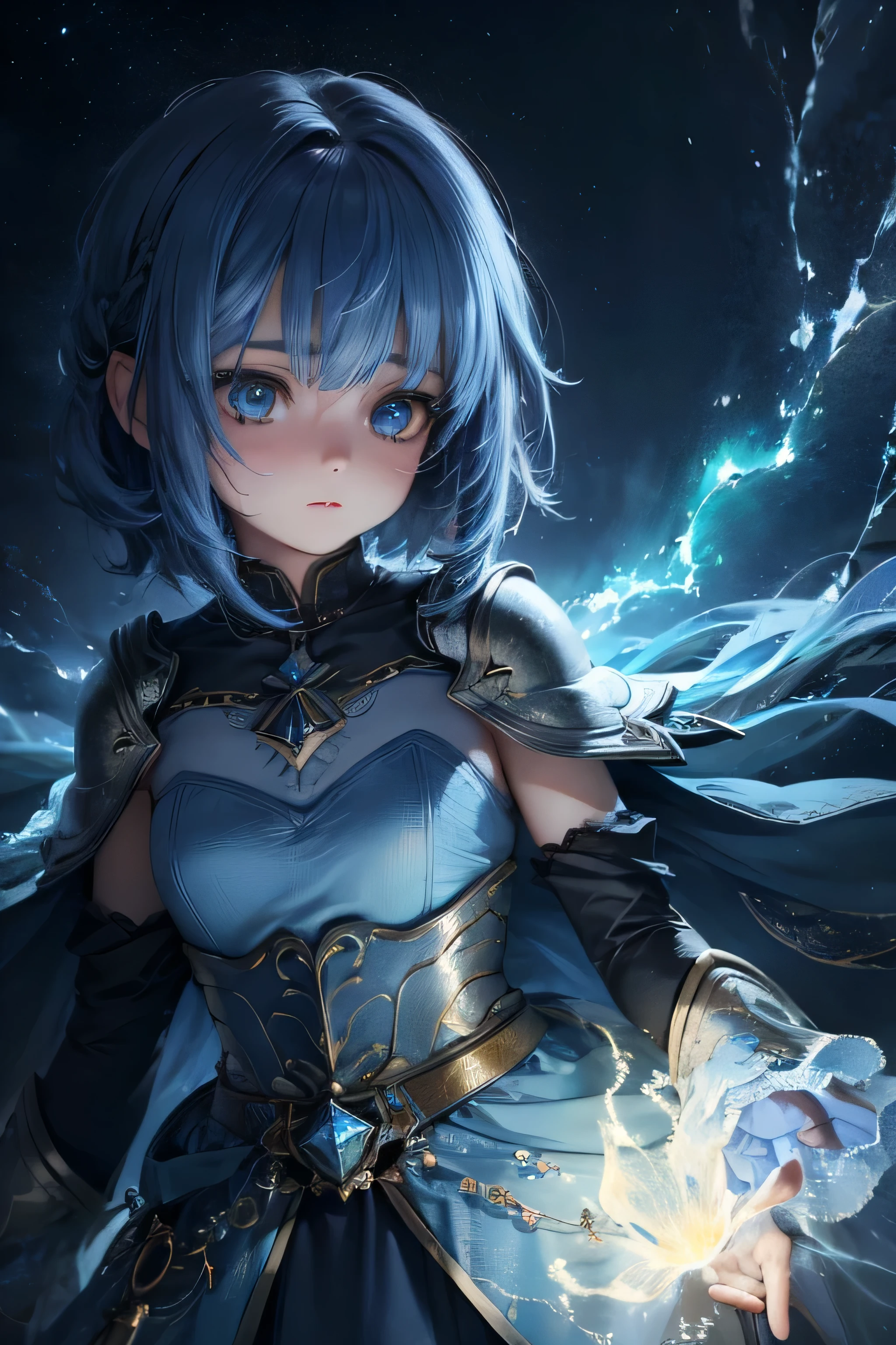 a 9-year-old girl with blue wings and blue hair, in a sea of stars, with a yellow lightning aura, (best quality, highres), ultra-detailed, (realistic:1.37), vibrant colors, mesmerizing lights, ethereal atmosphere, dreamy scenery, fantasy theme, enchanting beauty