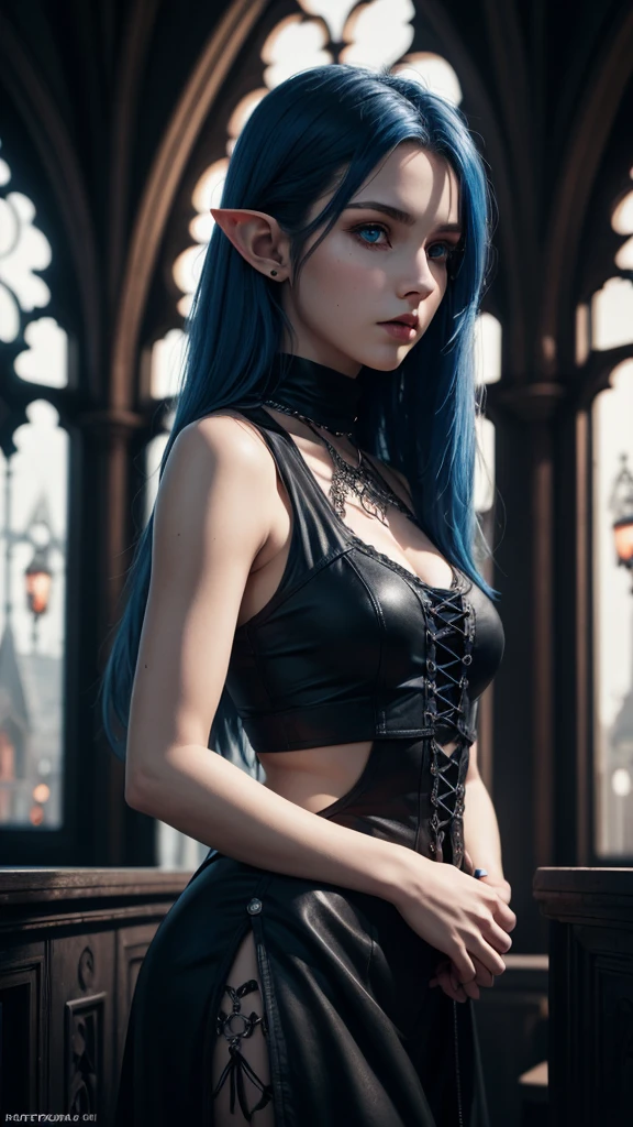 RAW, professional photograph, medium shot, photorealistic, hyper-realistic, ray tracing, super detail, UHD, 8k, female elf, twenty years old, athletic body, soft facial features, long hair, straight hair, blue hair, blue eyes, gothic style, gothic clothing, dark Castle, gothic architecture, 