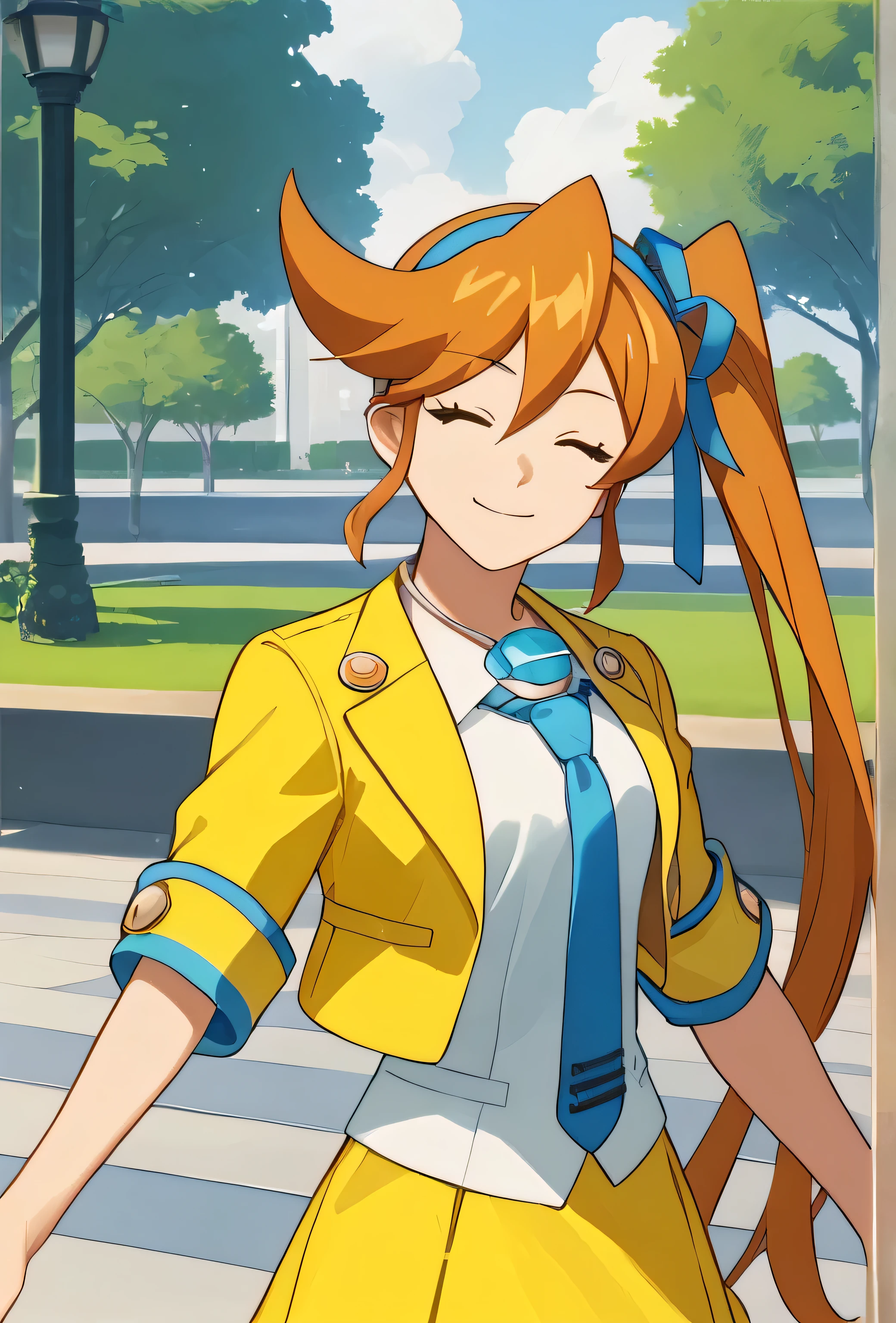 score_9, score_8, score_7, source_anime,
anime, official art,
rating_general,
aacykes, hair ribbon, side ponytail,
necktie, yellow jacket, yellow skirt,
1girl, head tilt, solo, palms together, closed eyes, light smile, blissful, park