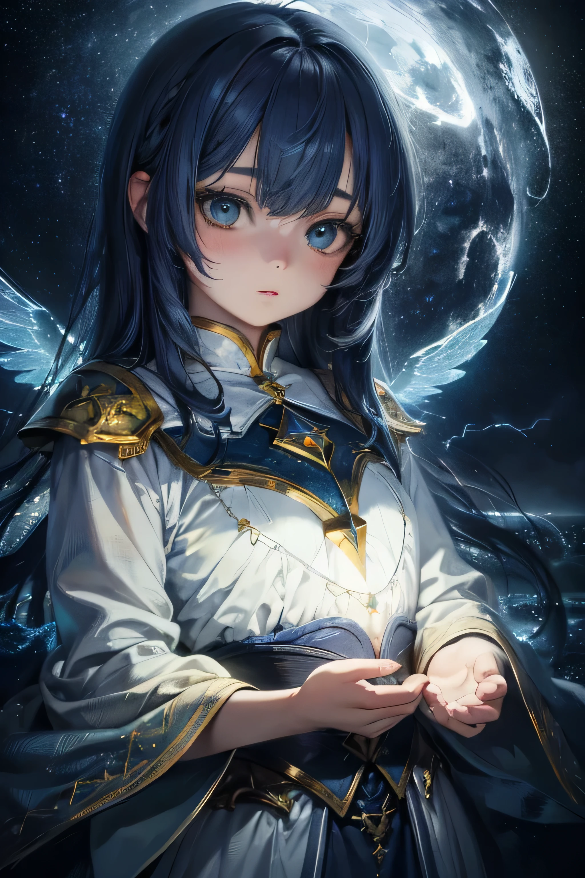 a 9-year-old girl with blue wings and blue hair, in a sea of stars, with a yellow lightning aura, (best quality, highres), ultra-detailed, (realistic:1.37), vibrant colors, mesmerizing lights, ethereal atmosphere, dreamy scenery, fantasy theme, enchanting beauty