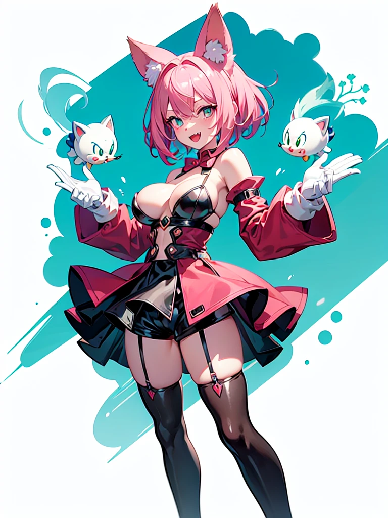 sonic the hedgehog (series),(bimbo amy rose),breasts, 1girl, pink_hair, green_eyes, bimbo, slutty, milf, large_breasts, breasts_outside, white_background, smile, solo, open_mouth, looking_at_viewer, simple_background, animal_ears, heart, short_hair, thighhighs, areolae, fangs, blush, skirt, paws, puffy_nippels, fang, teeth, boots, furry, gloves, hedgehog_ears, shorts, tongue, standing, big_breasts, thighs, long_sleeves, shiny_skin, no_bra, bouncing_breasts, hands_up, cowboy_shot, bimbo style,