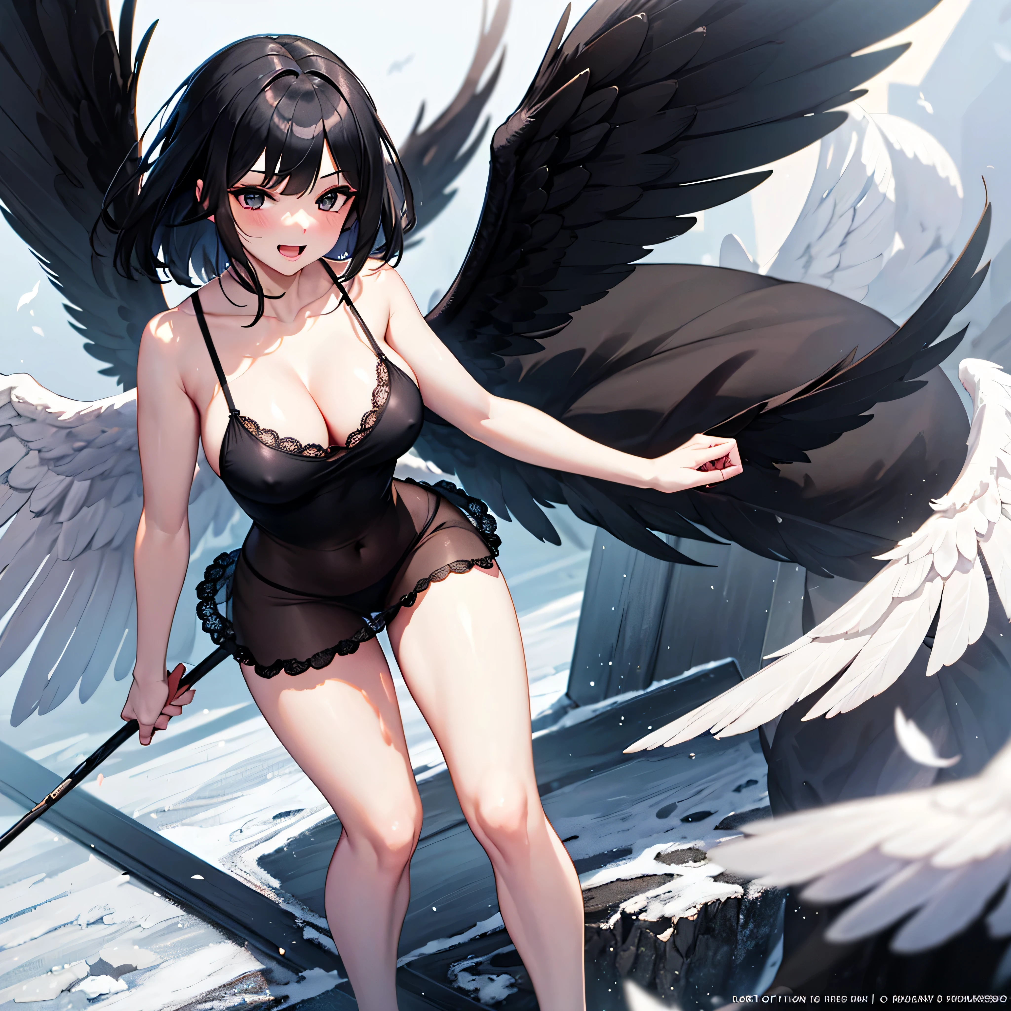 (1 seraphim girl standing on peak of frozen snowy mountain) higher than overcast, blowing frozen wind, (solo), swinging back, multiple wings, (she has 12 wings on her back), (6 white wings:1.5) and (6 black wings:1.5), BREAK, (wearing nothing without a lace trimmed sheer short black chemise:1.4), (black plunging neckline), too short black skirt flapping by wind, stiletto heels, BREAK, (black short hair:1.3), sidelocks, black eyes, (bouncing large breasts), cleavage, inconceivably narrow waist, bared skinny arms, bared skinny long legs, thigh gap, tiptoe, BREAK, baby face, nose blush, smile for viewer, open mouth, orgasm, BREAK, full body, (extremely detailed CG unity 8k wallpaper), (beautiful detailed), (ultra high resolution), (masterpiece:1.2), (best quality), (beautiful illustration)