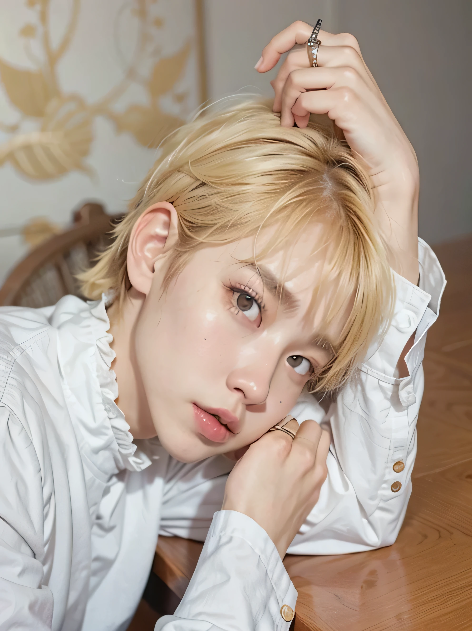 un primer plano de una persona recostada sobre una mesa con un anillo en el dedo, jinyoung shin, Cai Xu Kun, kim doyoung, retrato de jossi de blackpink, con pelo corto, kpop idol portrait, sun yunjoo, Jung Jaehyun, chica con pelo corto y blanco, marimacho de pelo corto platino, foto de perfil en la cabeza, hyung tae, sakimichan