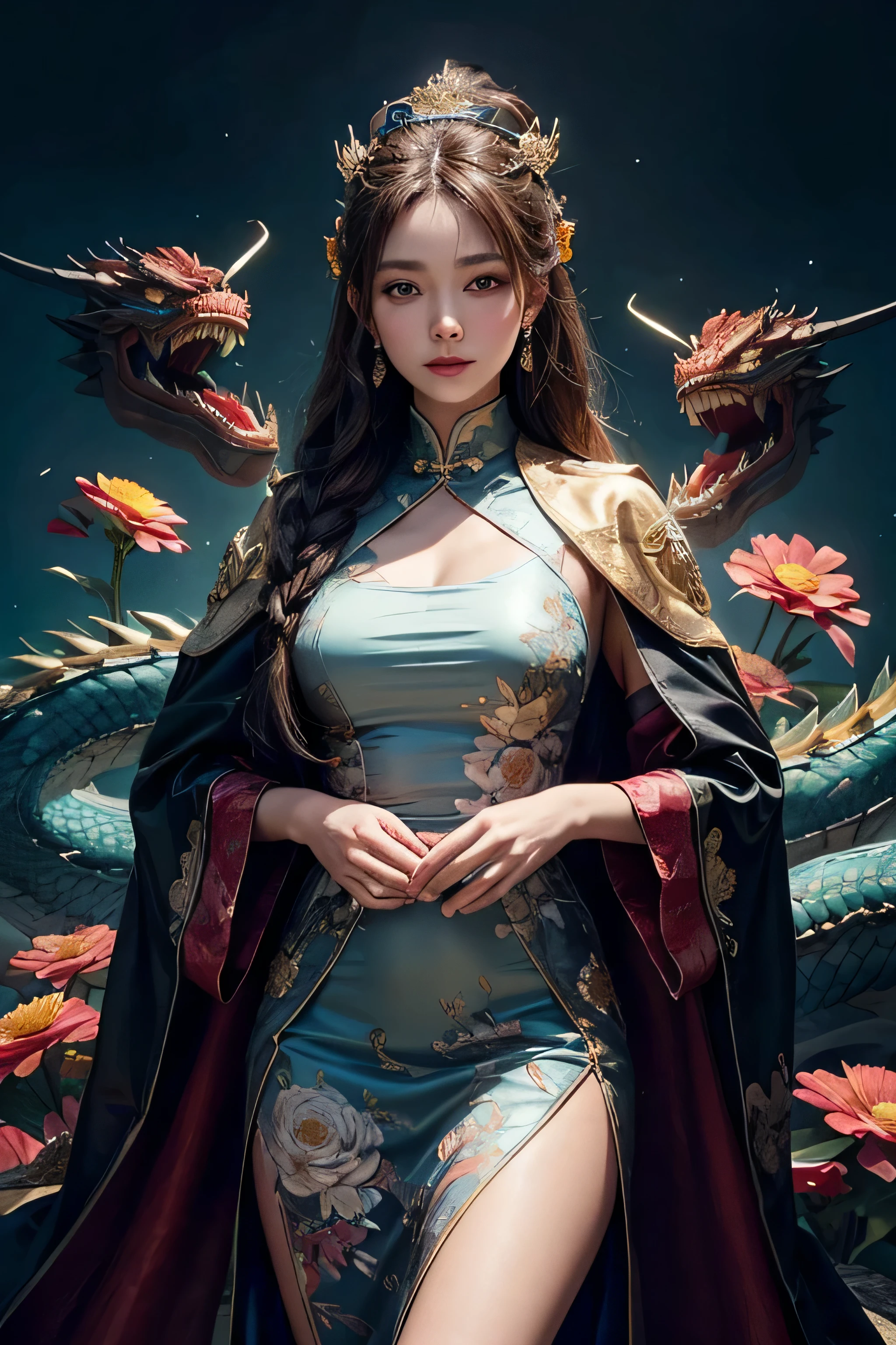 masterpiece, best quality,1girl, long hair, (glowing:1.15), (team:1.1), (flowers:1.15), (monarch:1.05),Long coat,surrounded by Chinese dragons,