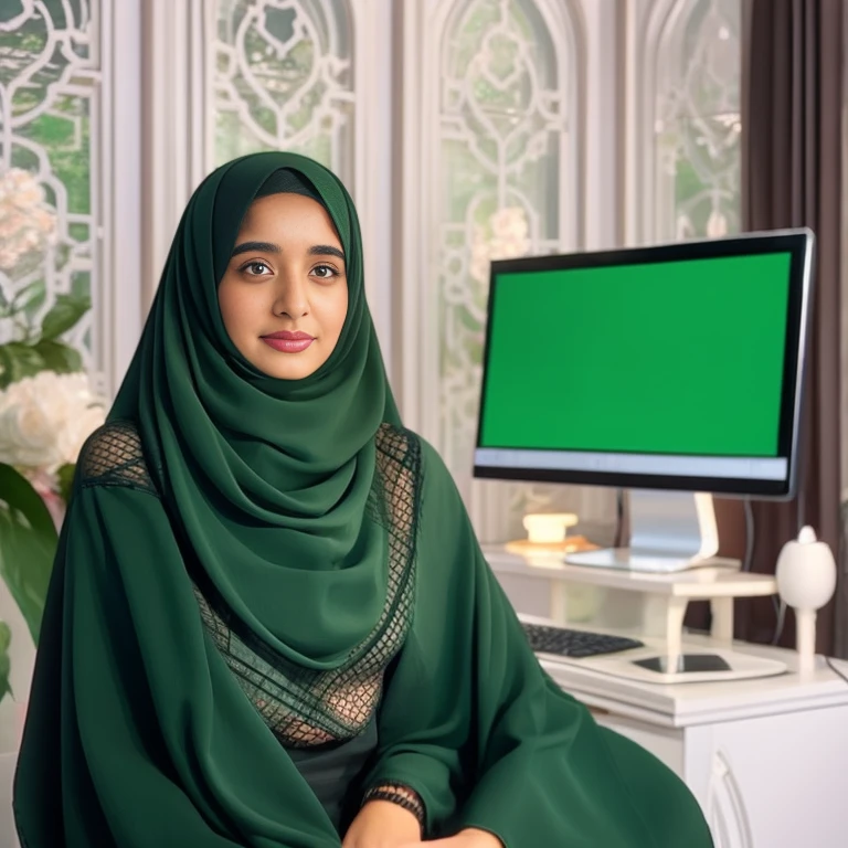 a woman in a green hijab sitting in front of a computer, in front of a computer, african ameera al taweel, medium shot portrait, portrait shot, arab ameera al-taweel, photo of a beautiful, arab ameera al taweel, mid shot portrait, ameera al-taweel, high quality portrait