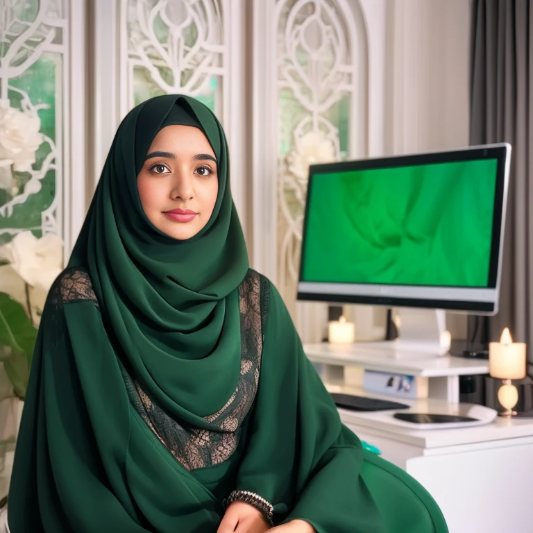 a woman in a green hijab sitting in front of a computer, in front of a computer, african ameera al taweel, medium shot portrait, portrait shot, arab ameera al-taweel, photo of a beautiful, arab ameera al taweel, mid shot portrait, ameera al-taweel, high quality portrait