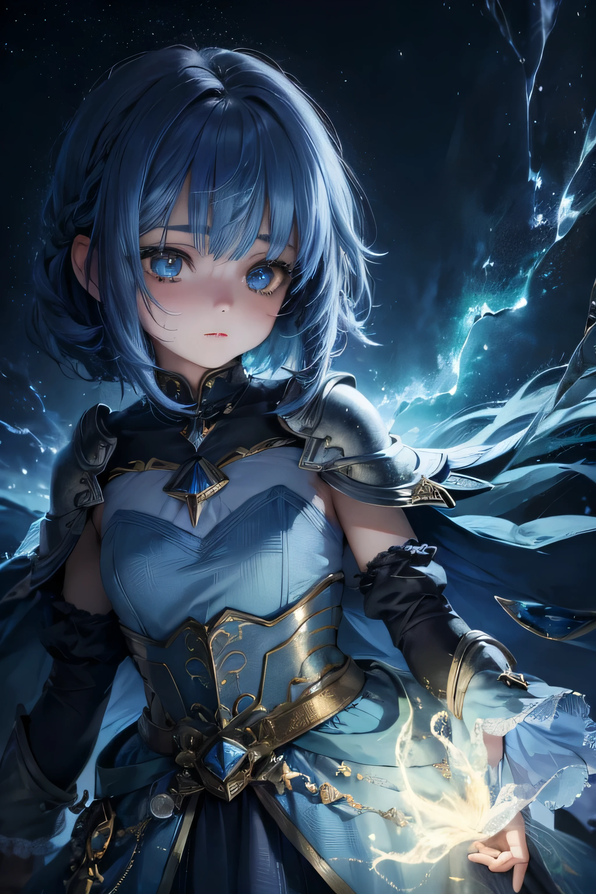 a 9-year-old girl with blue wings and blue hair, in a sea of stars, with a yellow lightning aura, (best quality, highres), ultra-detailed, (realistic:1.37), vibrant colors, mesmerizing lights, ethereal atmosphere, dreamy scenery, fantasy theme, enchanting beauty