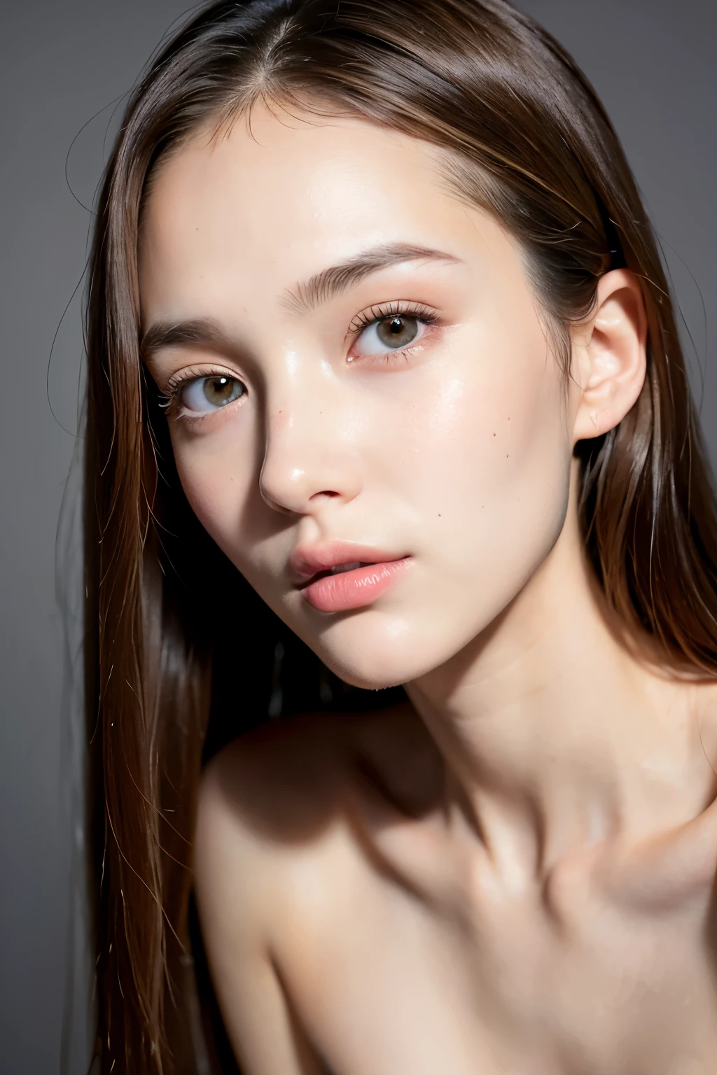 ((Best quality)), ((masterpiece)), (detailed), perfect face, 18 year old woman, cute, high, Long face, skin, pores, Resolution 8K, ultra-realistic, incredibly perfect photo, (nude: 1.3), (Without clothing:1.3), thin woman, (straight hair:1.2), dark milky hair, processed image, better quality, Better lighting, (((Full length shot))), (slender body: 1.33), (Detailed man:1.1),