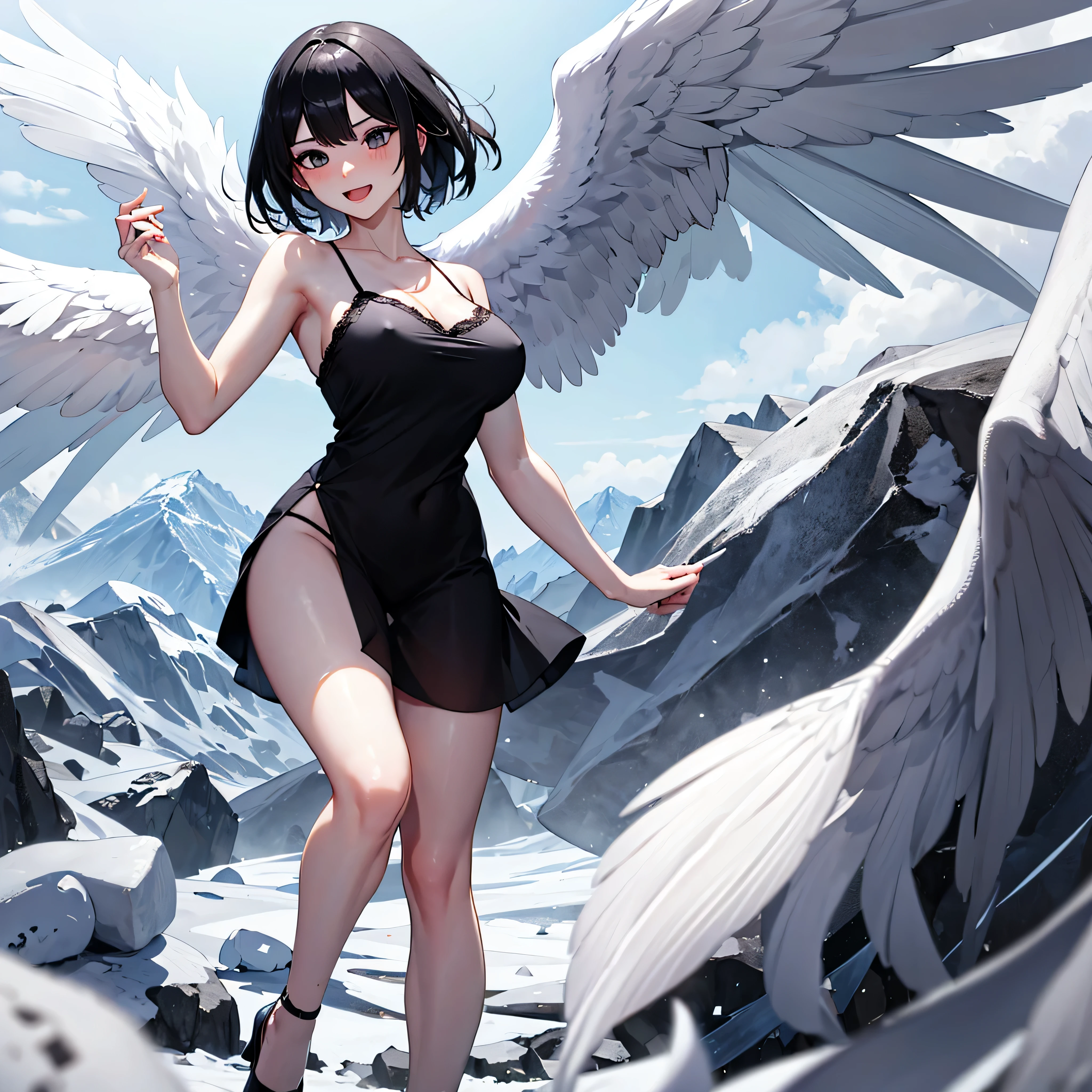 (1 seraphim girl standing on peak of frozen snowy mountain) higher than overcast, blowing frozen wind, (solo), swinging back, multiple wings, (she has 12 wings on her back), (6 white wings:1.5) and (6 black wings:1.5), BREAK, (wearing nothing without a lace trimmed sheer short black chemise:1.4), (black plunging neckline), too short black skirt flapping by wind, stiletto heels, BREAK, (black short hair:1.3), sidelocks, black eyes, (bouncing large breasts), cleavage, inconceivably narrow waist, bared skinny arms, bared skinny long legs, thigh gap, tiptoe, BREAK, baby face, nose blush, smile for viewer, open mouth, orgasm, BREAK, full body, (extremely detailed CG unity 8k wallpaper), (beautiful detailed), (ultra high resolution), (masterpiece:1.2), (best quality), (beautiful illustration)