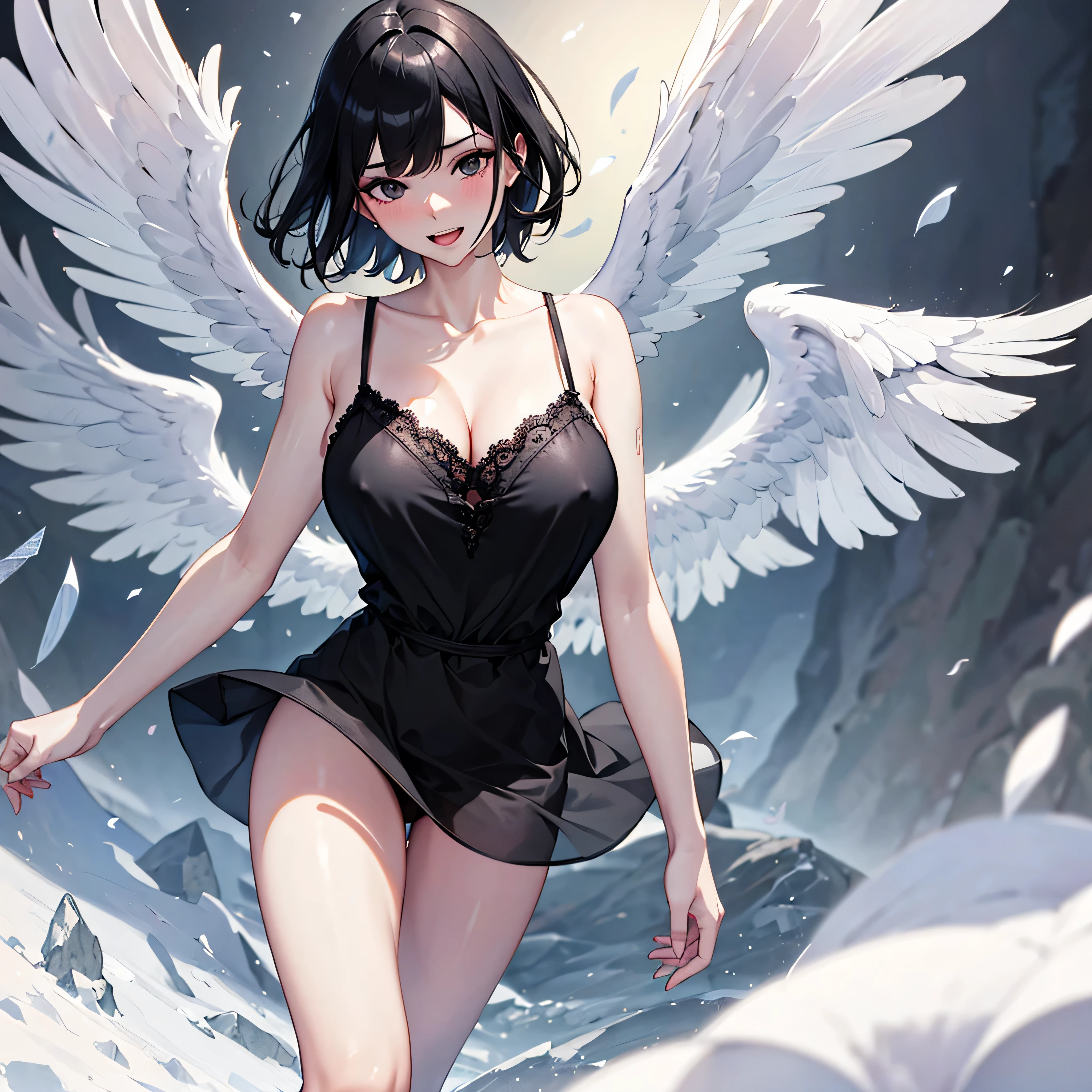 (1 seraphim girl standing on peak of frozen snowy mountain) higher than overcast, blowing frozen wind, (solo), swinging back, multiple wings, (she has 12 wings on her back), (6 white wings:1.5) and (6 black wings:1.5), BREAK, (wearing nothing without a lace trimmed sheer short black chemise:1.4), (black plunging neckline), too short black skirt flapping by wind, stiletto heels, BREAK, (black short hair:1.3), sidelocks, black eyes, (bouncing large breasts), cleavage, inconceivably narrow waist, bared skinny arms, bared skinny long legs, thigh gap, tiptoe, BREAK, baby face, nose blush, smile for viewer, open mouth, orgasm, BREAK, full body, (extremely detailed CG unity 8k wallpaper), (beautiful detailed), (ultra high resolution), (masterpiece:1.2), (best quality), (beautiful illustration)