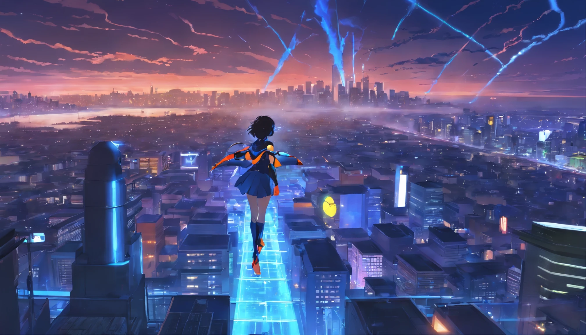 A dark portrait of DC's Nightwing God, very detailed, futuristic cityscape, night, glowing neon lights, smoke rises, spark, metal shavings, flying objects, blue energy effect, volume light