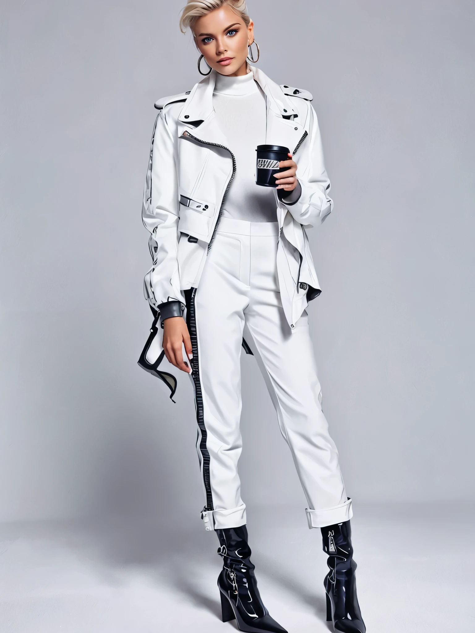 Realistic, ultra detailed, beautiful, best quality, 1 girl, solo shot, The whole body up to the toes, //Composition
A woman in a sleek, futuristic ensemble stands against a stark white backdrop, holding a steaming cup of coffee in one hand and a tablet in the other,
//Attire
She wears a black asymmetrical jacket with angular cutouts, paired with white high-waisted trousers and glossy black boots. Accessories include geometric silver earrings and a metallic cuff bracelet,
//Model
With sharp, intense hazel eyes and short platinum blonde hair slicked back, she exudes confidence as she gazes directly at the viewer, The woman has lidded blue eyes and gray medium hair, smiling at the viewer,