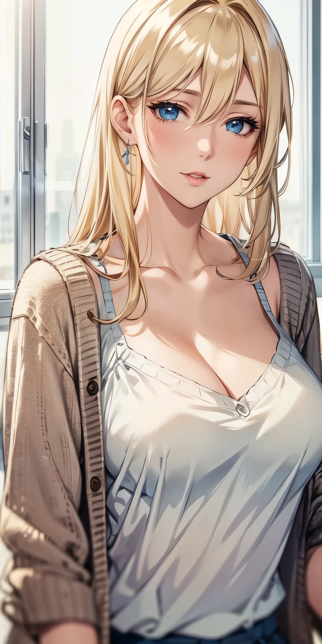portrait, elegant adult woman, blue eyes, blonde hair, big breast, 4k resolution, beautiful cg, soft light