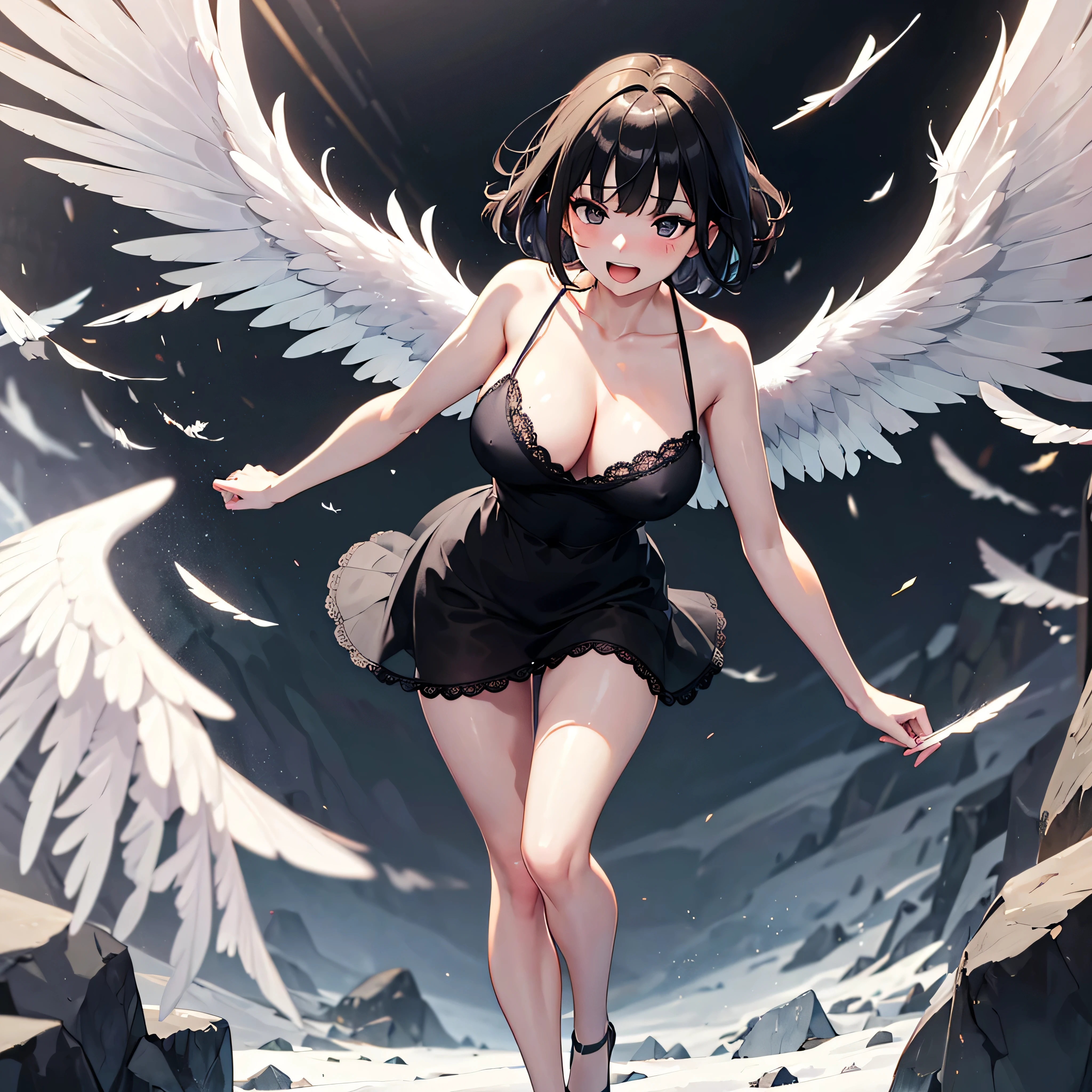 (1 seraphim girl standing on peak of frozen snowy mountain) higher than overcast, blowing frozen wind, (solo), swinging back, multiple wings, (she has 12 wings on her back), (6 white wings:1.5) and (6 black wings:1.5), BREAK, (wearing nothing without a lace trimmed sheer short black chemise:1.4), (black plunging neckline), too short black skirt flapping by wind, stiletto heels, BREAK, (black short hair:1.3), sidelocks, black eyes, (bouncing large breasts), cleavage, inconceivably narrow waist, bared skinny arms, bared skinny long legs, thigh gap, tiptoe, BREAK, baby face, nose blush, smile for viewer, open mouth, orgasm, BREAK, full body, (extremely detailed CG unity 8k wallpaper), (beautiful detailed), (ultra high resolution), (masterpiece:1.2), (best quality), (beautiful illustration)