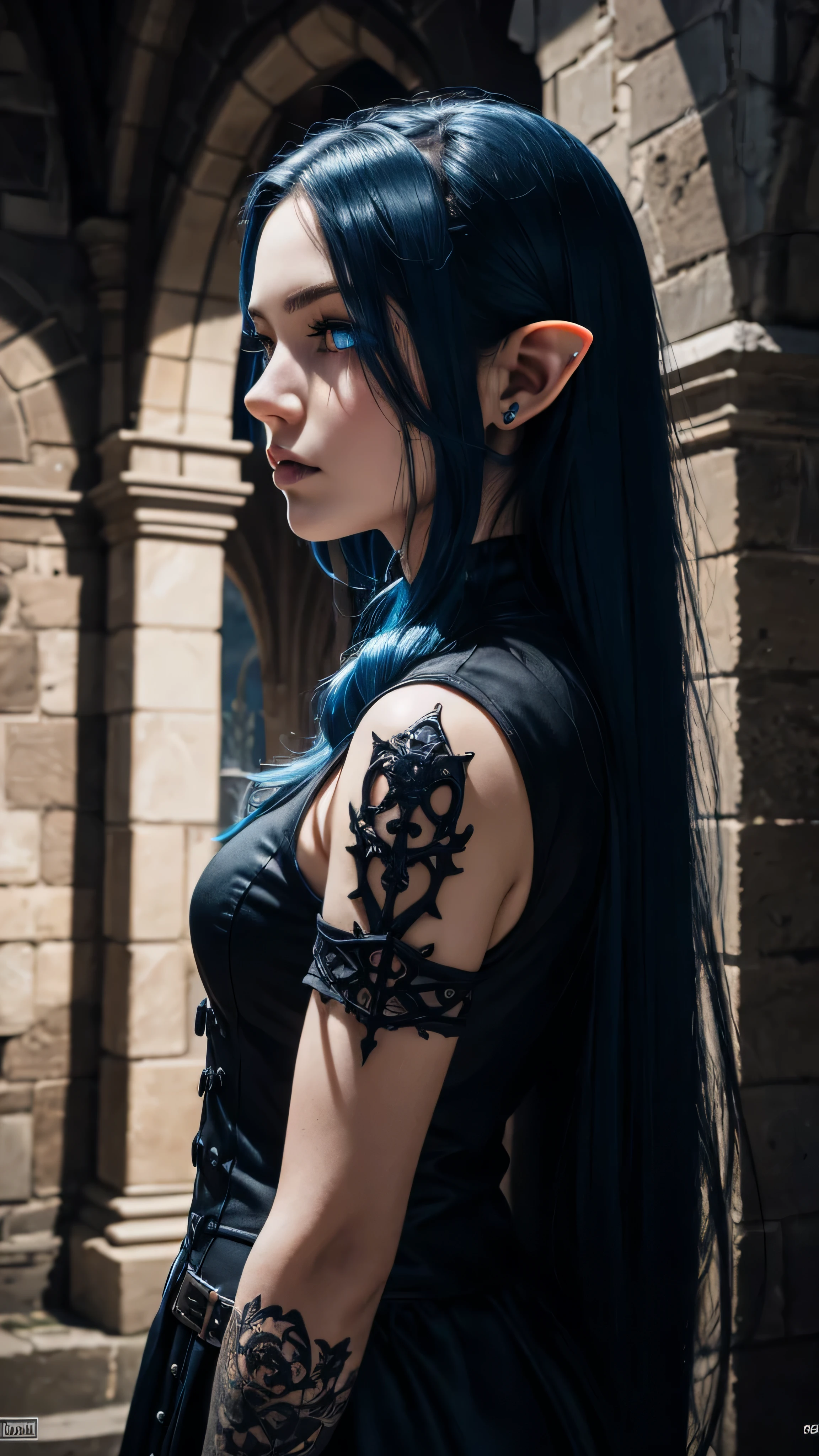 RAW, professional photograph, medium shot, photorealistic, hyper-realistic, ray tracing, super detail, UHD, 8k, female elf, twenty years old, athletic body, soft facial features, long hair, straight hair, blue hair, blue eyes, gothic style, gothic clothing, dark Castle, gothic architecture, 