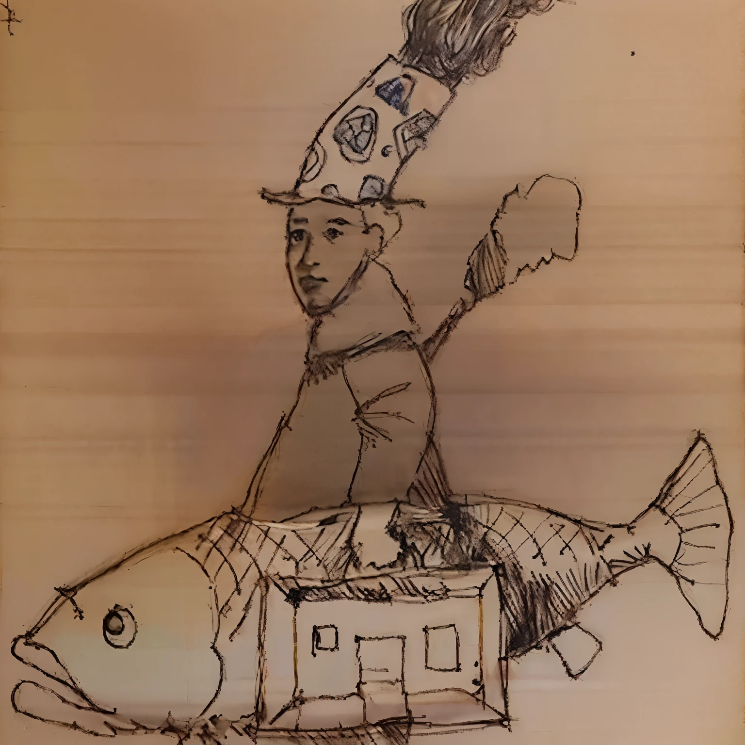 drawing of a man riding a fish with a briefcase on his back, inspirado por Saul Steinberg, hombre pez, dibujado en papel, inspirado por George Cruikshank, inspirado en Alasdair Gray, Dibujo surrealista, inspirado por Hendrick Avercamp, Andy Catling, inspired by Léon Bakst, por Kamisaka Sekka, inspirado en Quentin Blake