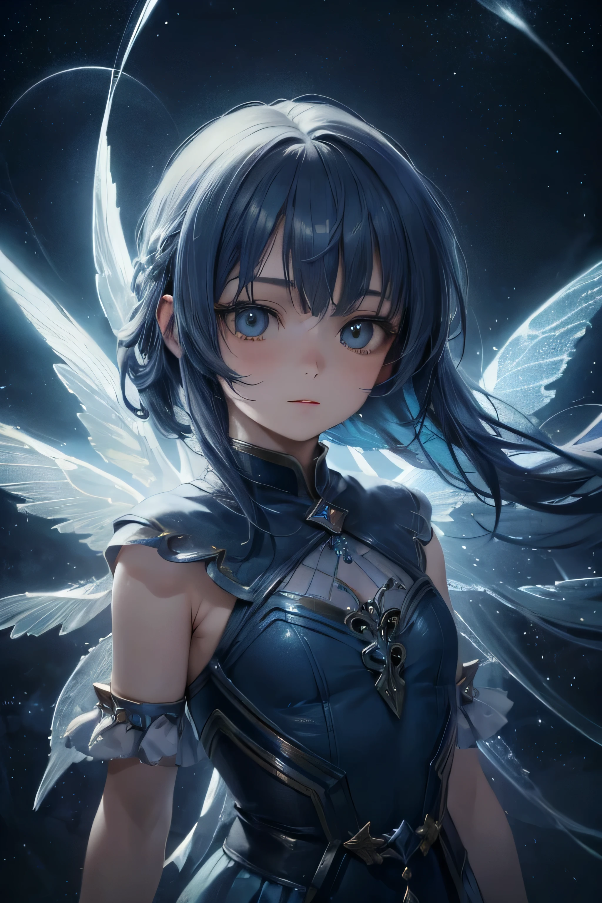 a 9-year-old girl with blue wings and blue hair, in a sea of stars, with a yellow lightning aura, (best quality, highres), ultra-detailed, (realistic:1.37), vibrant colors, mesmerizing lights, ethereal atmosphere, dreamy scenery, fantasy theme, enchanting beauty

