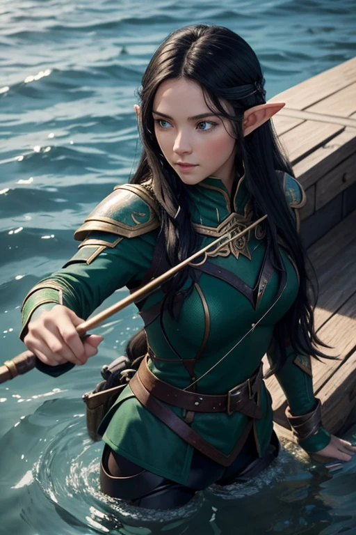 Young elf with long black hair, green eyes, ocean blue armor, holding a compound bow on a sunken plain