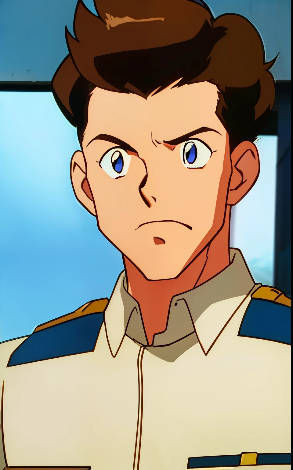 Tom Wachowski, man, short brown hair, beige police uniform, ((upper body: 1.3)),cowboy shot, masterpiece, best quality,  (insanely detailed, beautiful detailed face,beautiful detailed eyes, masterpiece, best quality), anime screencap, 1990s_\(style\),solo,